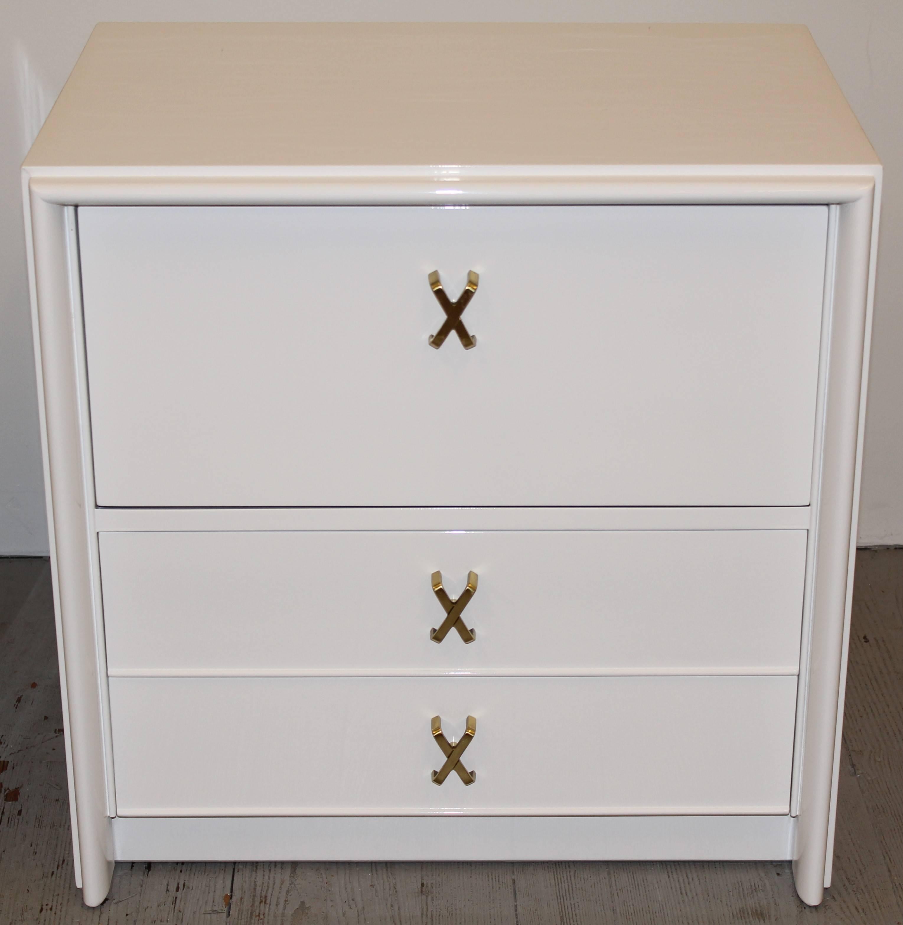 Polished Pair of Nightstands with Brass X-Pulls by Paul Frankl for Johnson Furniture Co.