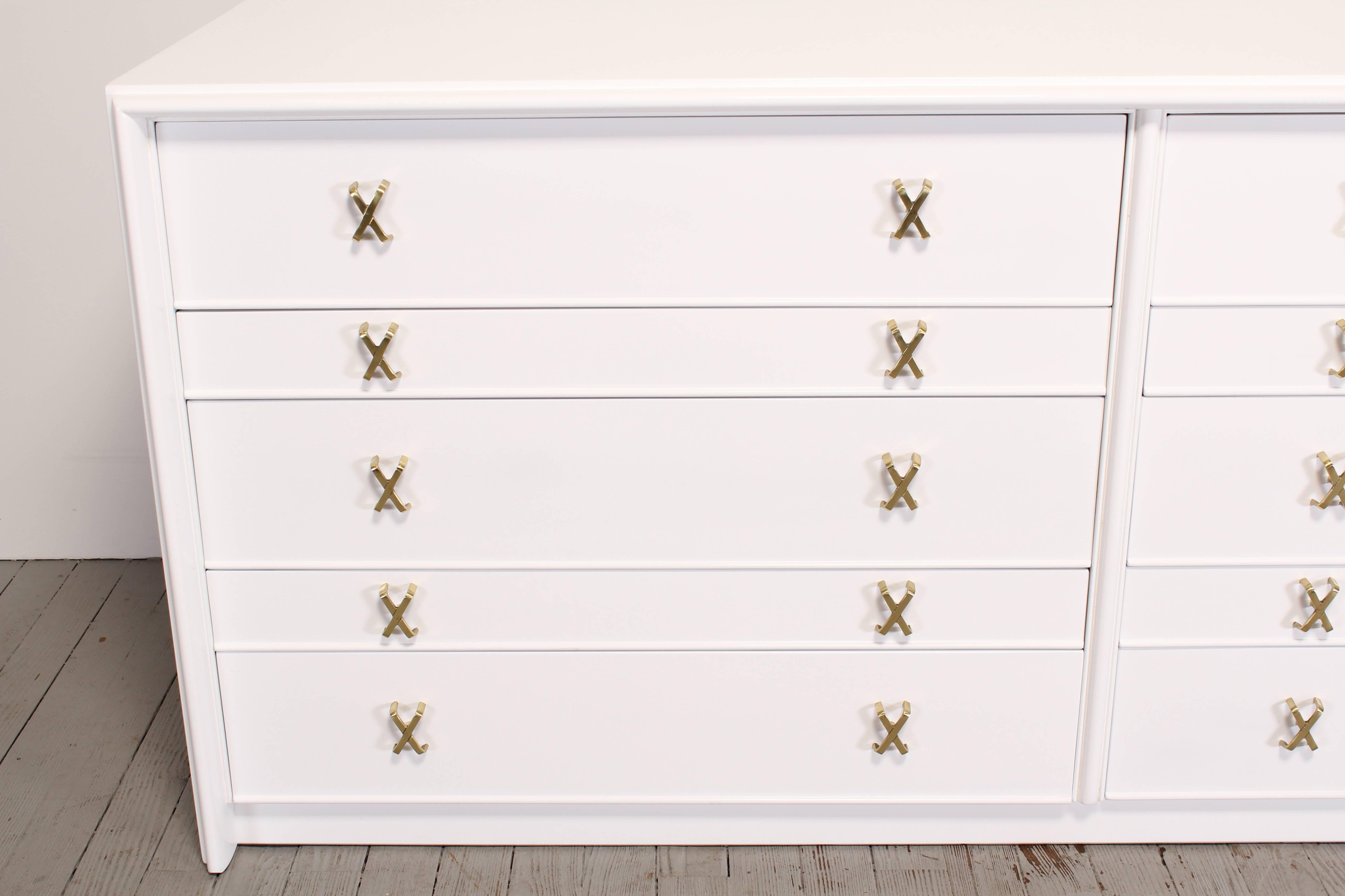 Mid-Century Modern Ten-Drawer Dresser with Brass X Pulls by Paul Frankl for Johnson Furniture Co.