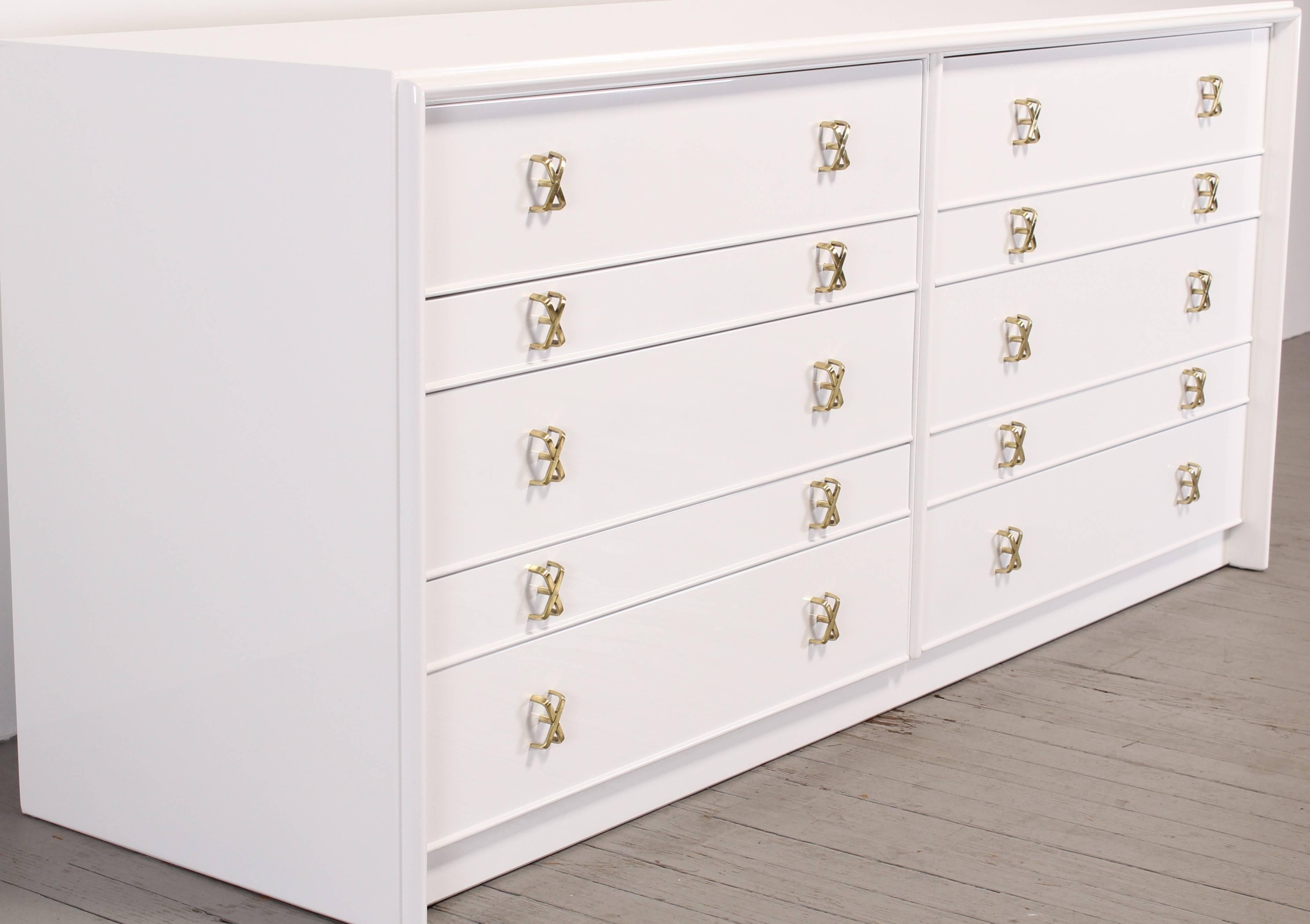American Ten-Drawer Dresser with Brass X Pulls by Paul Frankl for Johnson Furniture Co.