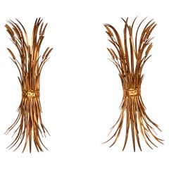 Pair of Hollywood Regency Gilt Wheat Sheaf Wall Sconces