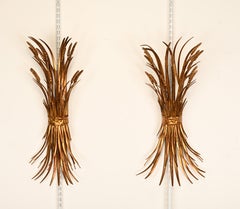 Pair of Hollywood Regency Gilt Wheat Sheaf Wall Sconces