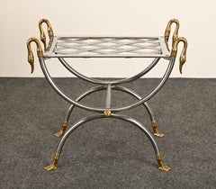 Directoire Style Steel and Brass Swan-Head Curule Bench