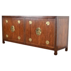 Henredon Asian Hollywood Regency Style Walnut Four-Door Credenza or Sideboard