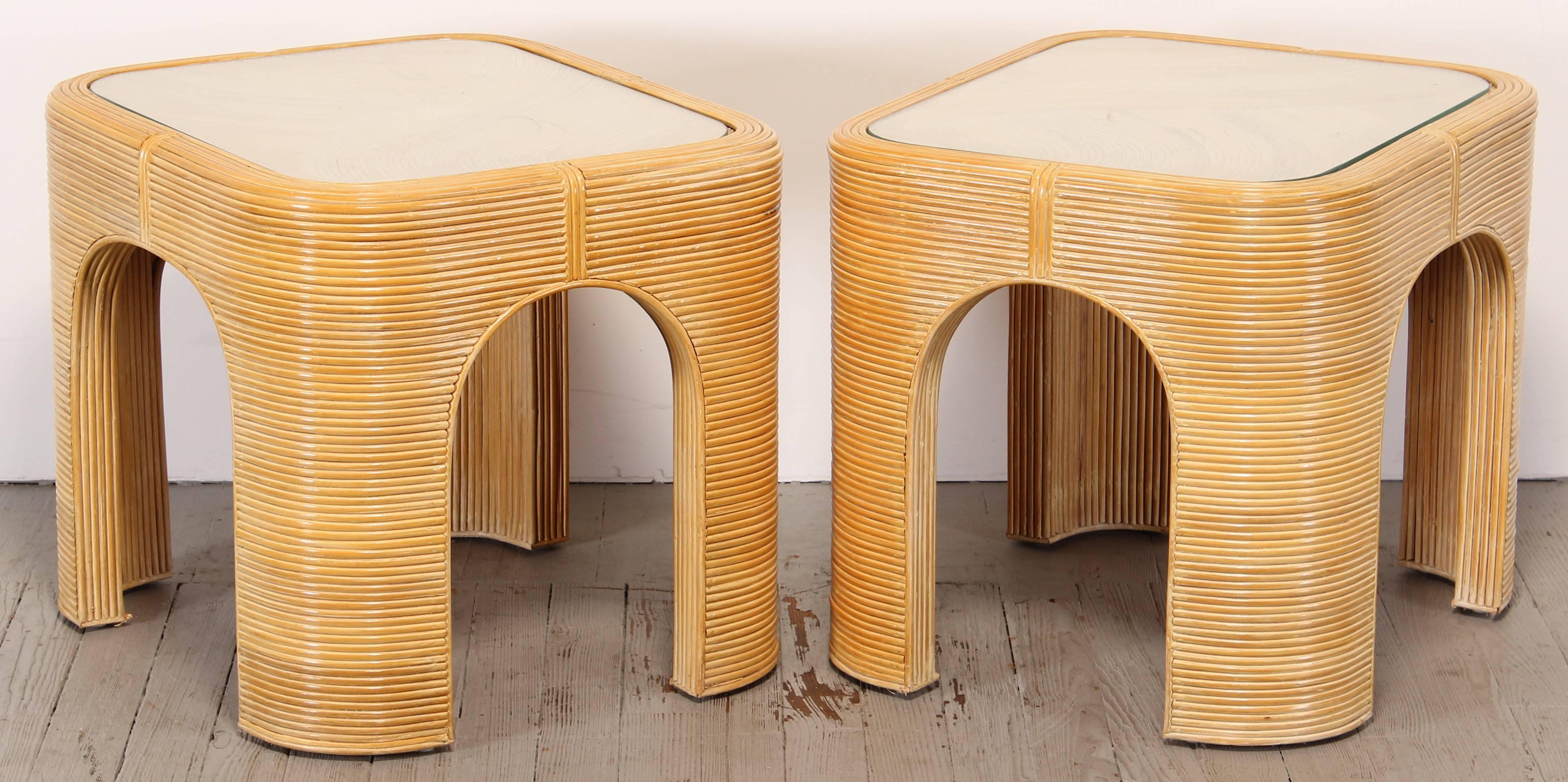 Organic Modern Pair of Rattan Bamboo Side Tables, 1980s