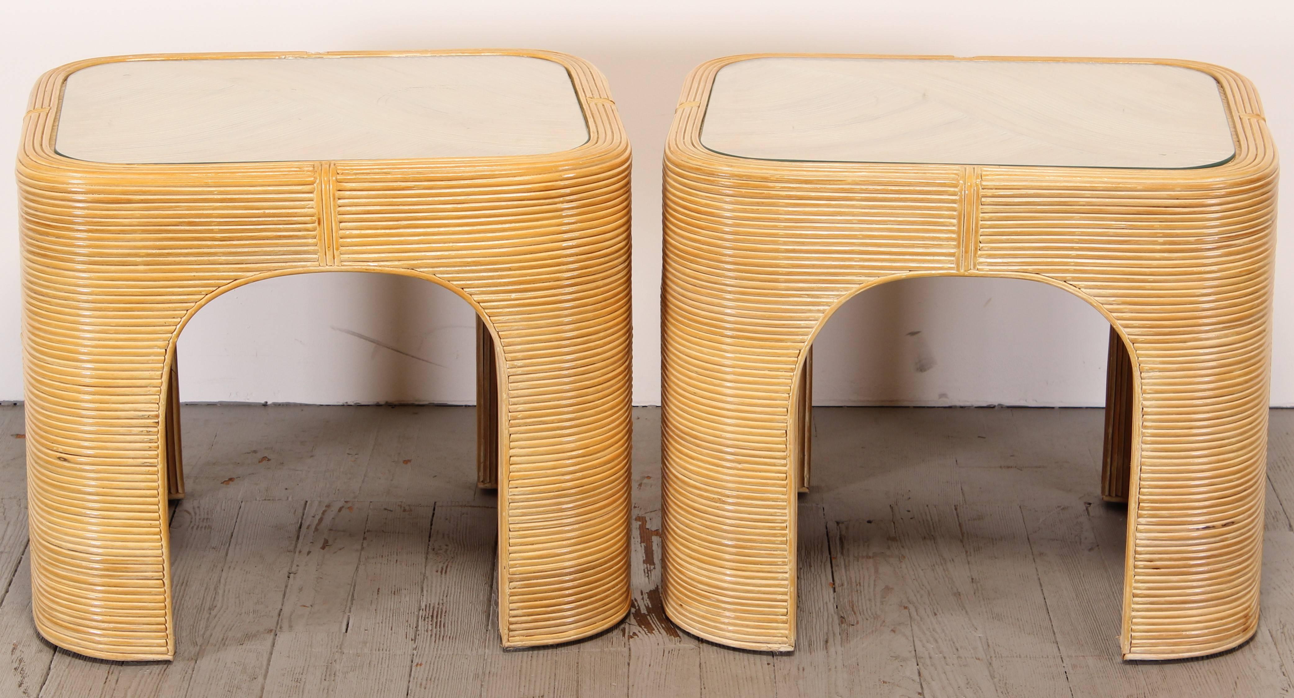 Reed Pair of Rattan Bamboo Side Tables, 1980s