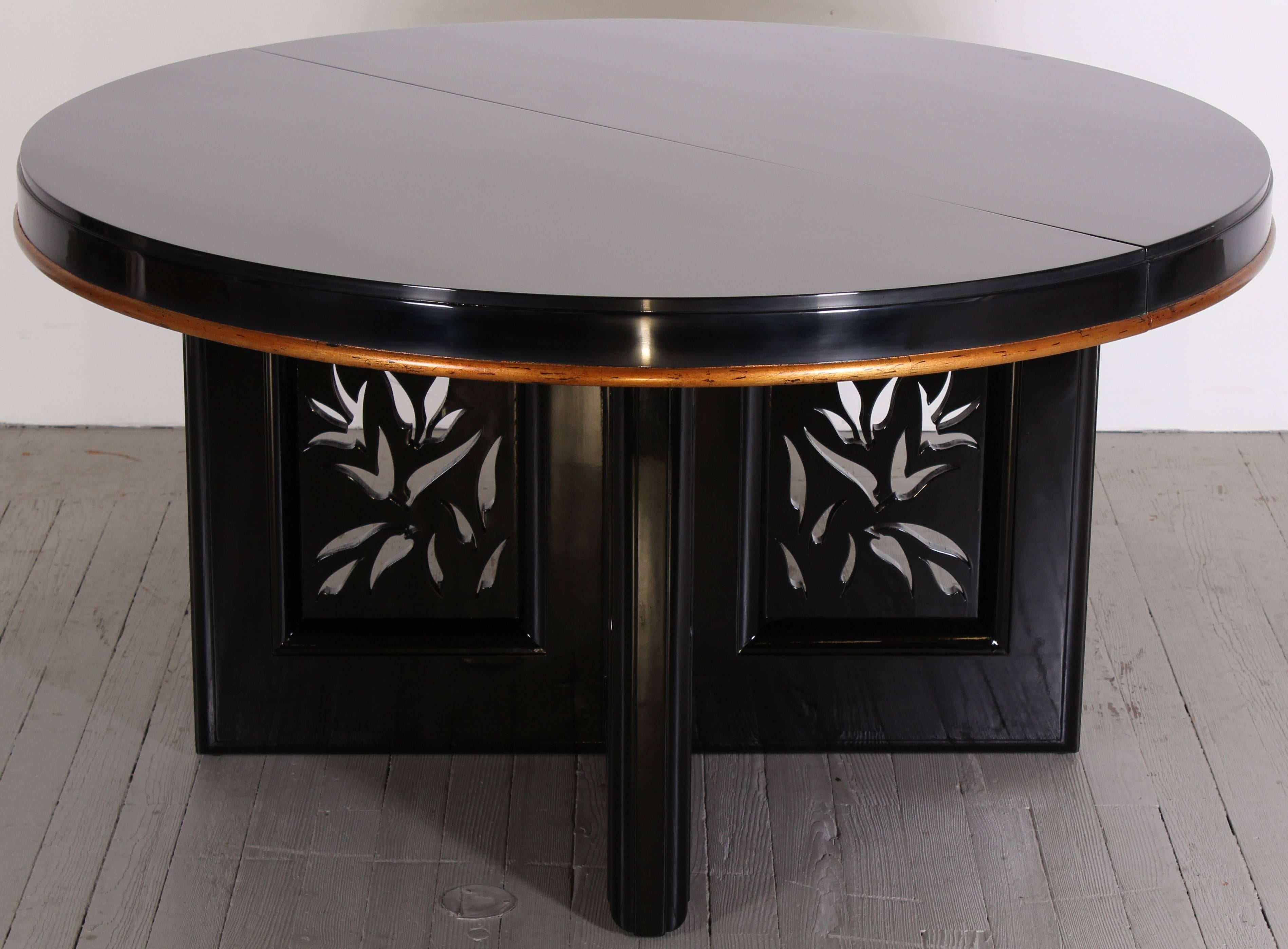 James Mont is a highly regarded designer.  His bold designs stand out in a field of 'restrained modernism'. This set models an exotic motif influenced from his childhood in Istanbul.  The dining set consists of a table with two leaves. There are