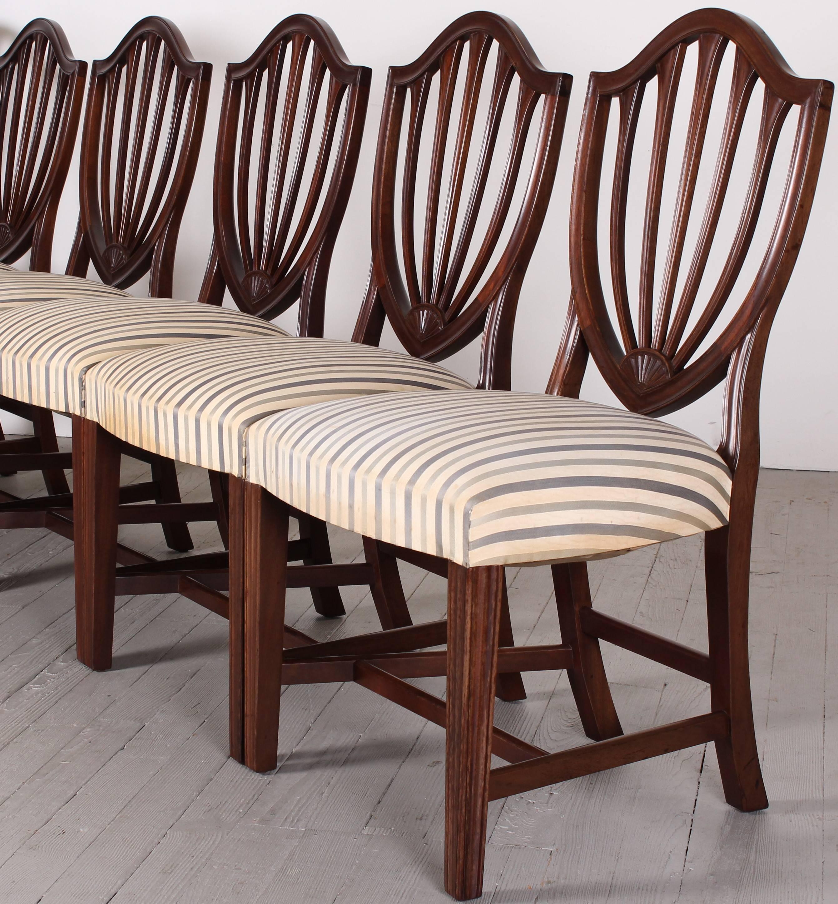 Custom built, solid mahogany dining chairs made by Biggs Manufacturing Company of Richmond Virginia, which was later bought by Kittinger Co.
Two armchairs, six side chairs, some might call in the Hepplewhite style. Condition of the chairs are very
