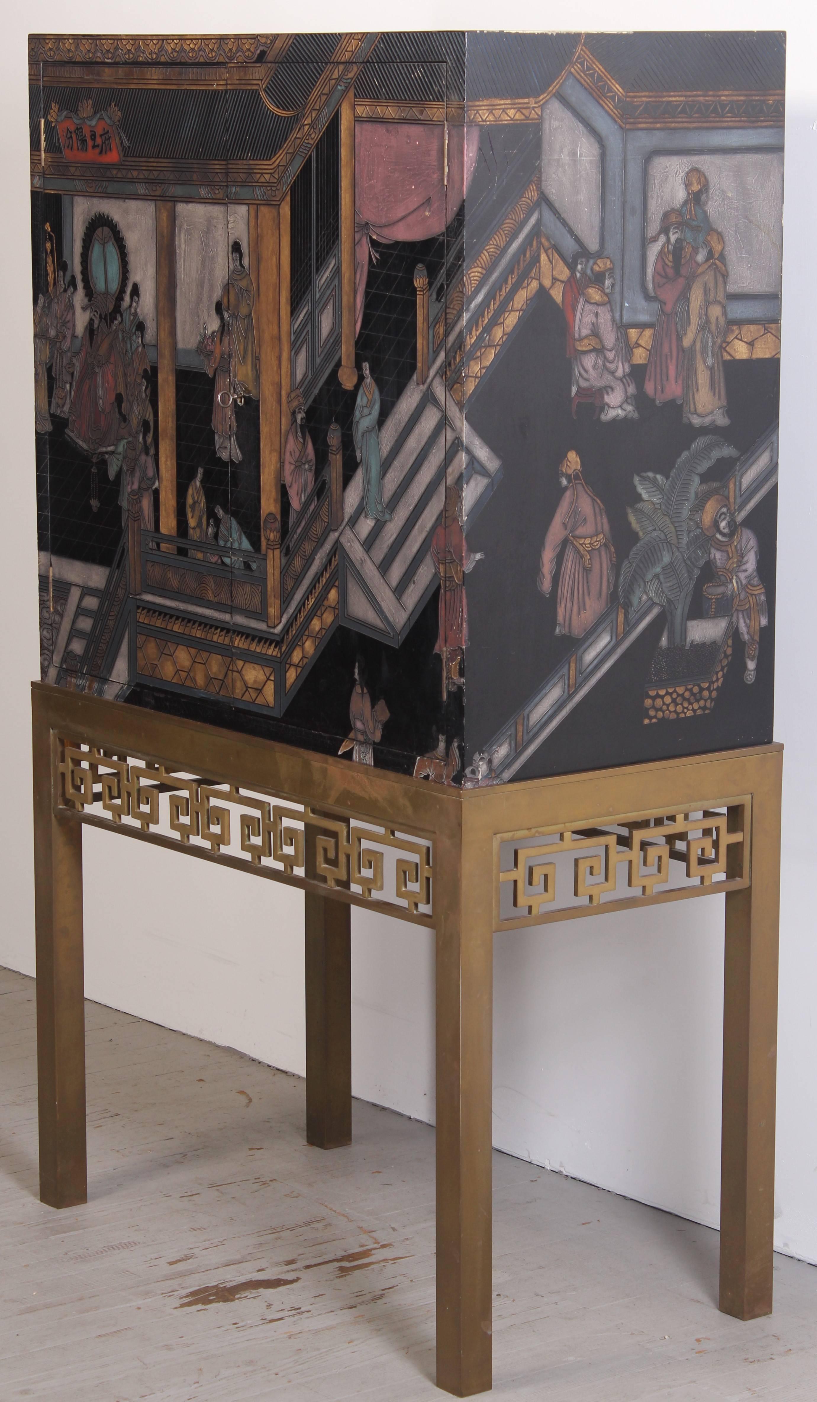 Unknown David Hicks Style Chinoiserie Cabinet on Brass Stand for Maitland Smith, 1970s