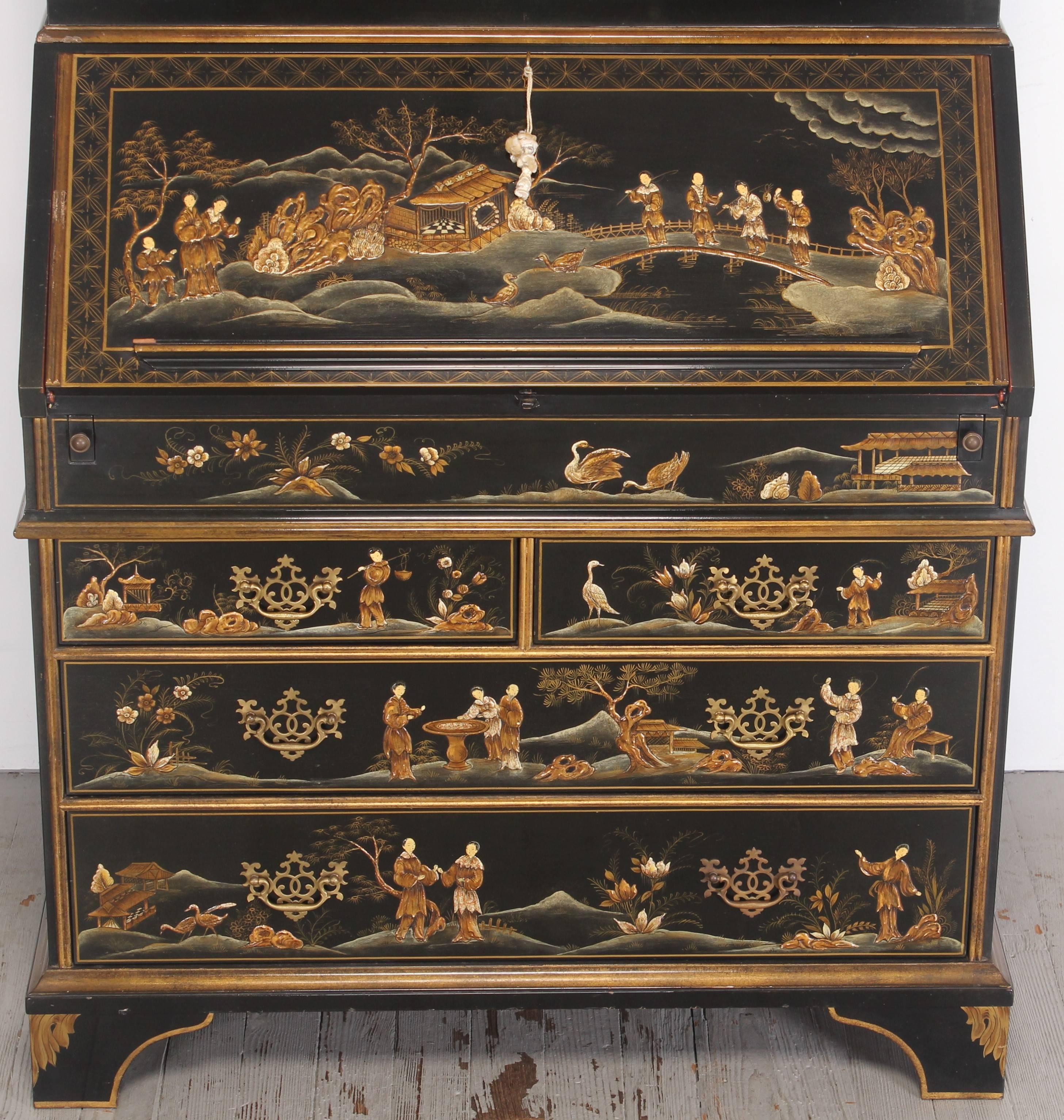 Lacquer Baker Chinoiserie Ebony Secretary Chippendale Style, 1950s 