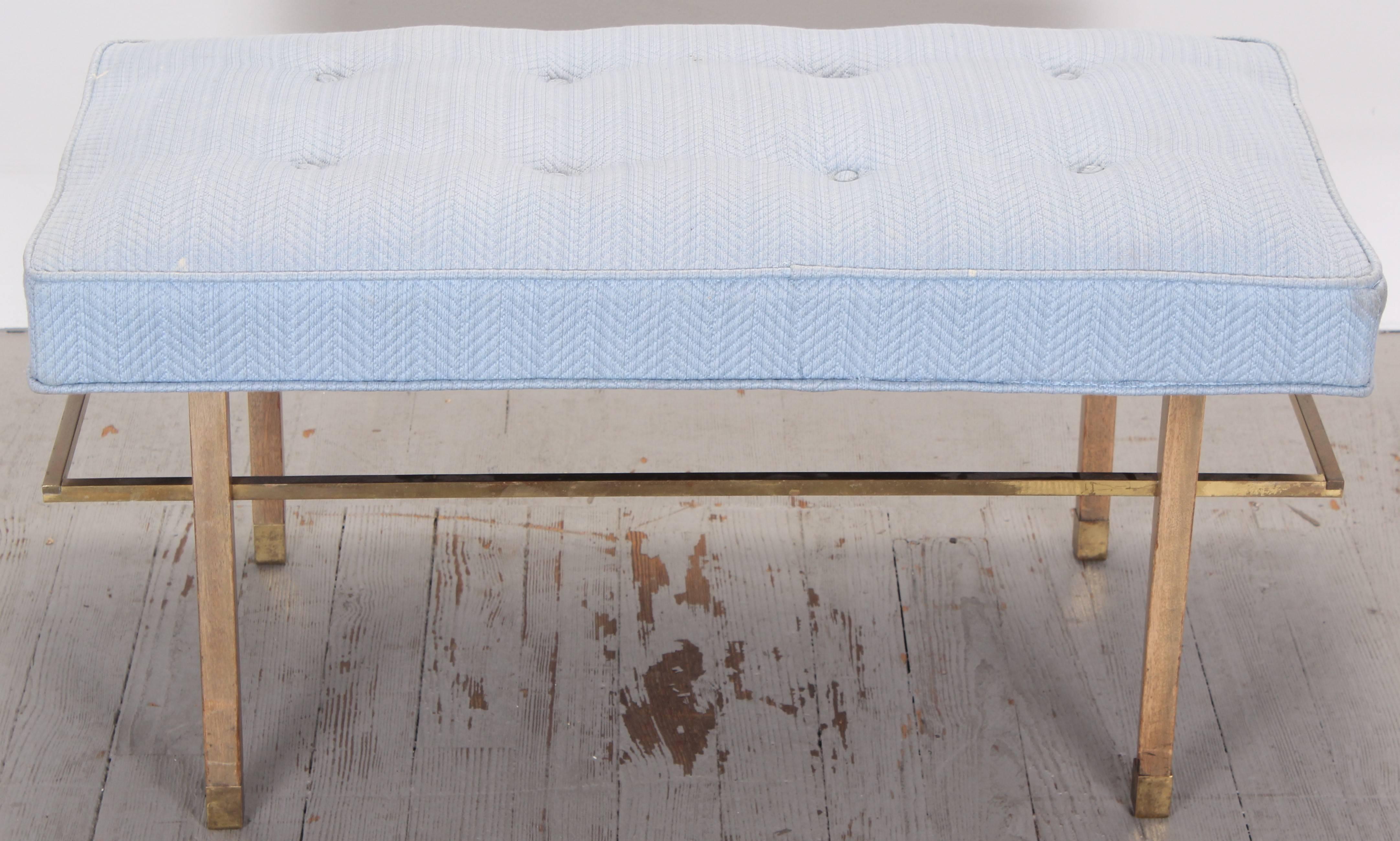 A rare Harvey Probber bench in as found condition. The finish appears to be original, upholstery looks like it was replace. There are several small spots on fabric as shown in images. A good candidate to be reconditioned.