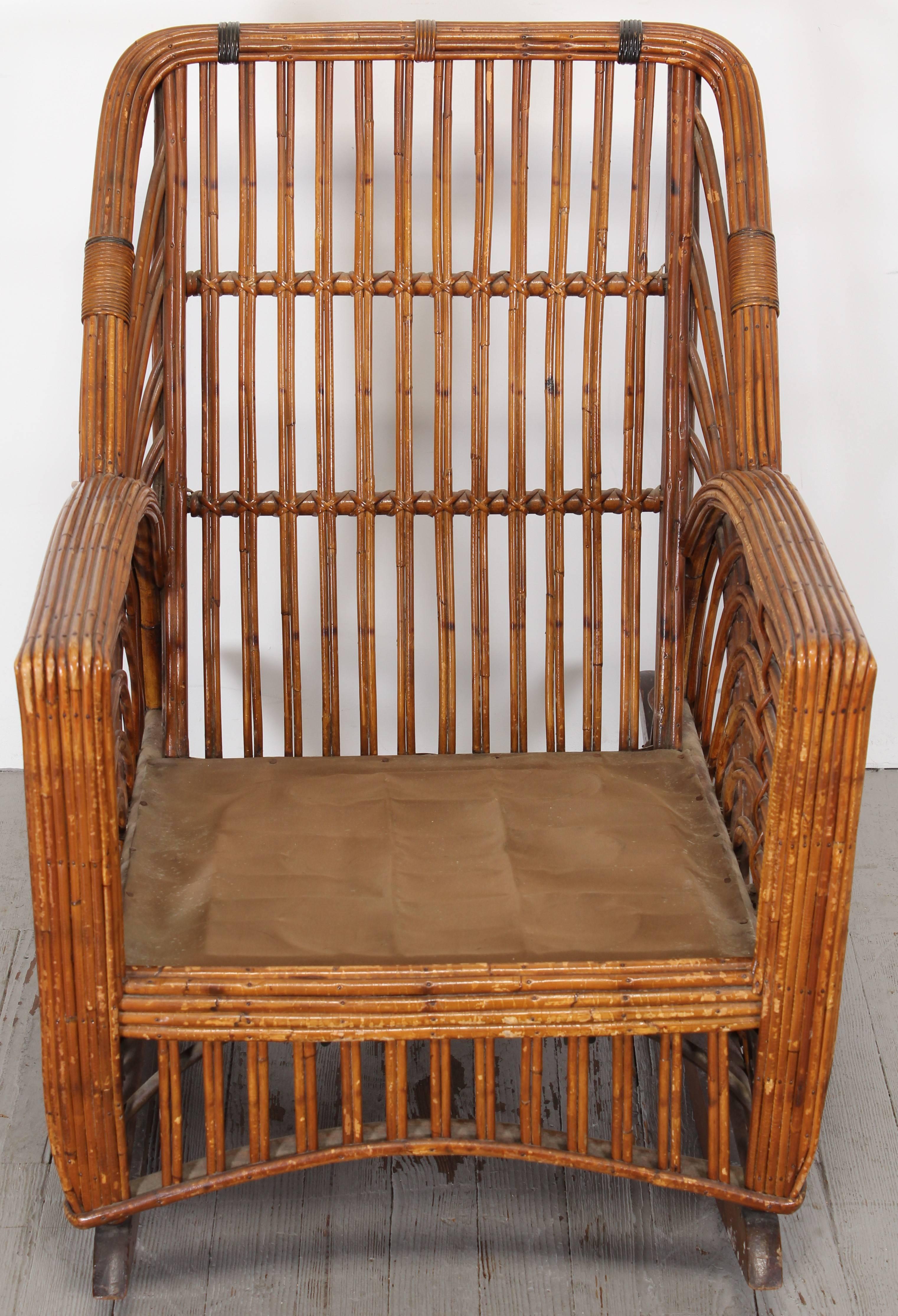 Mid-20th Century Cramer Art Deco Stick Reed Rattan Wicker Rocking Chair, 1930s