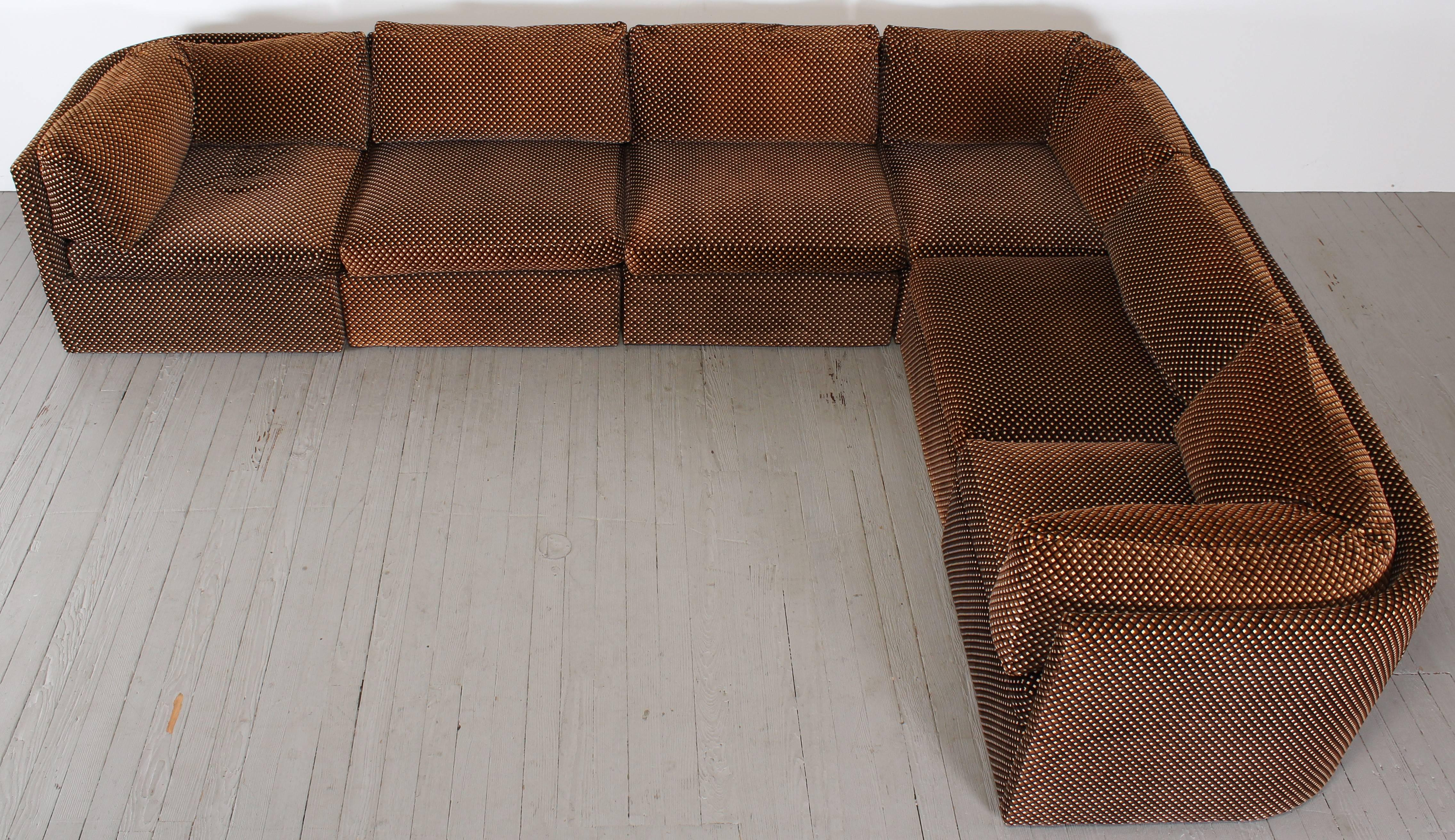 Six piece sectional sofa by Milo Baughman for Thayer Coggin, original tags dating to 1976. Original fabric has no tears or damage, there is variation from sun fading overall, one corner section on back appears to be blotchy from attempted cleaning.