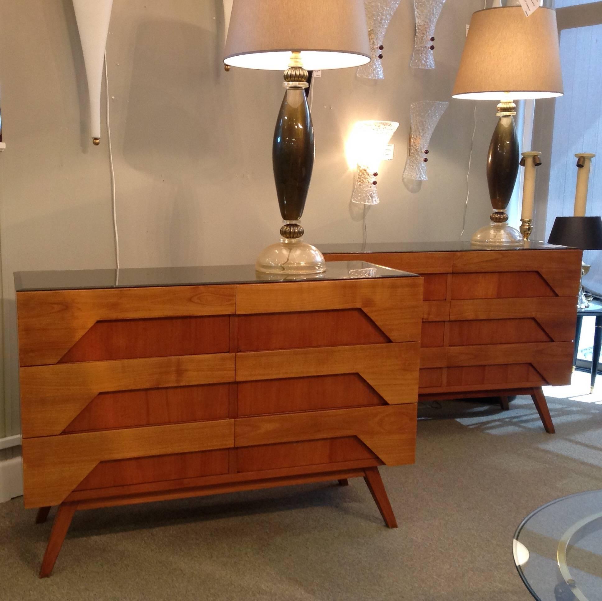 Pair of Italian fruitwood cabinets with three drawers and a smoked mirror top.
These chests are in very good condition, circa 1960s.
 