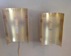 Pair Half Moon Brass and Frosted Glass Sconces, 1980s