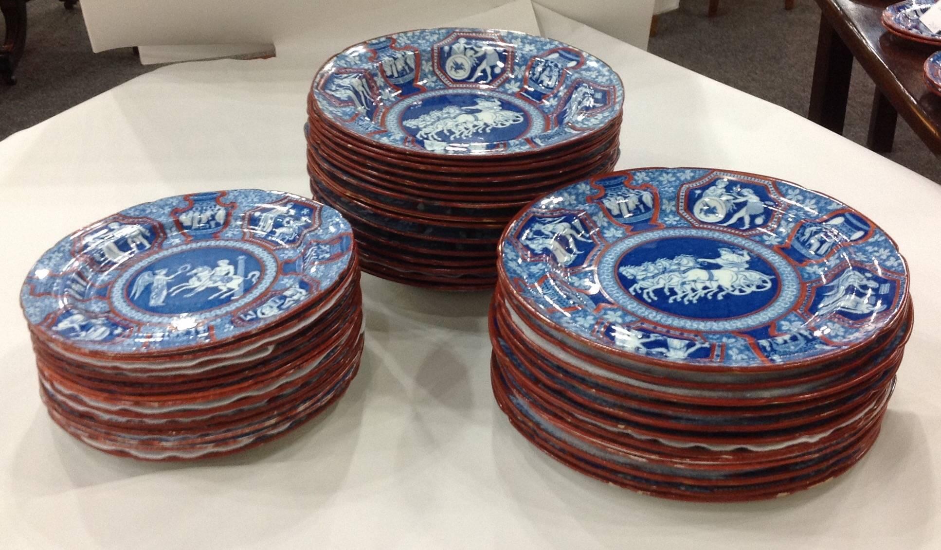 Spode Greek Pattern Clobbered Large Dinner Set In Good Condition For Sale In Houston, TX