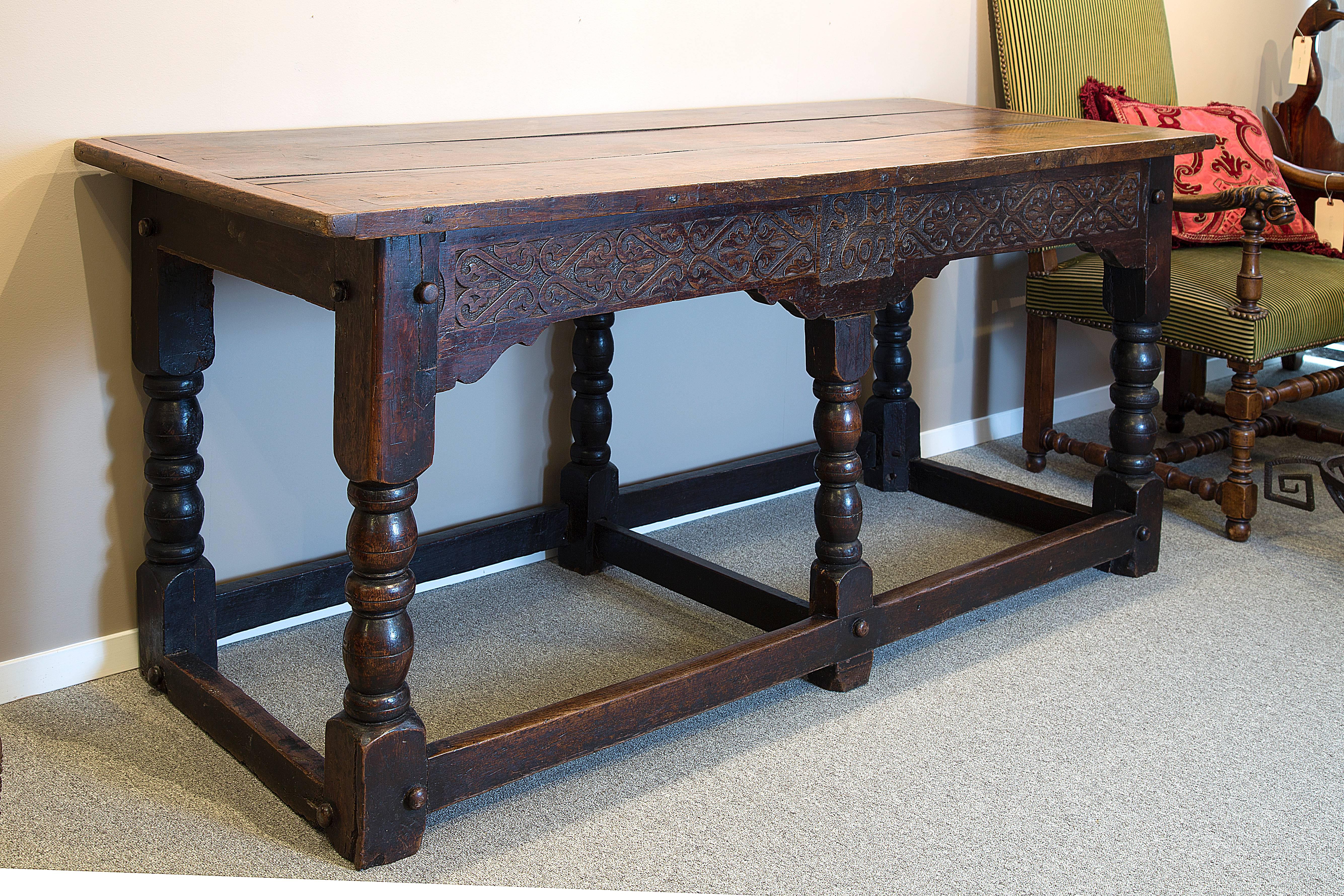 English Large Oak Refectory Table, Dated 1692 For Sale