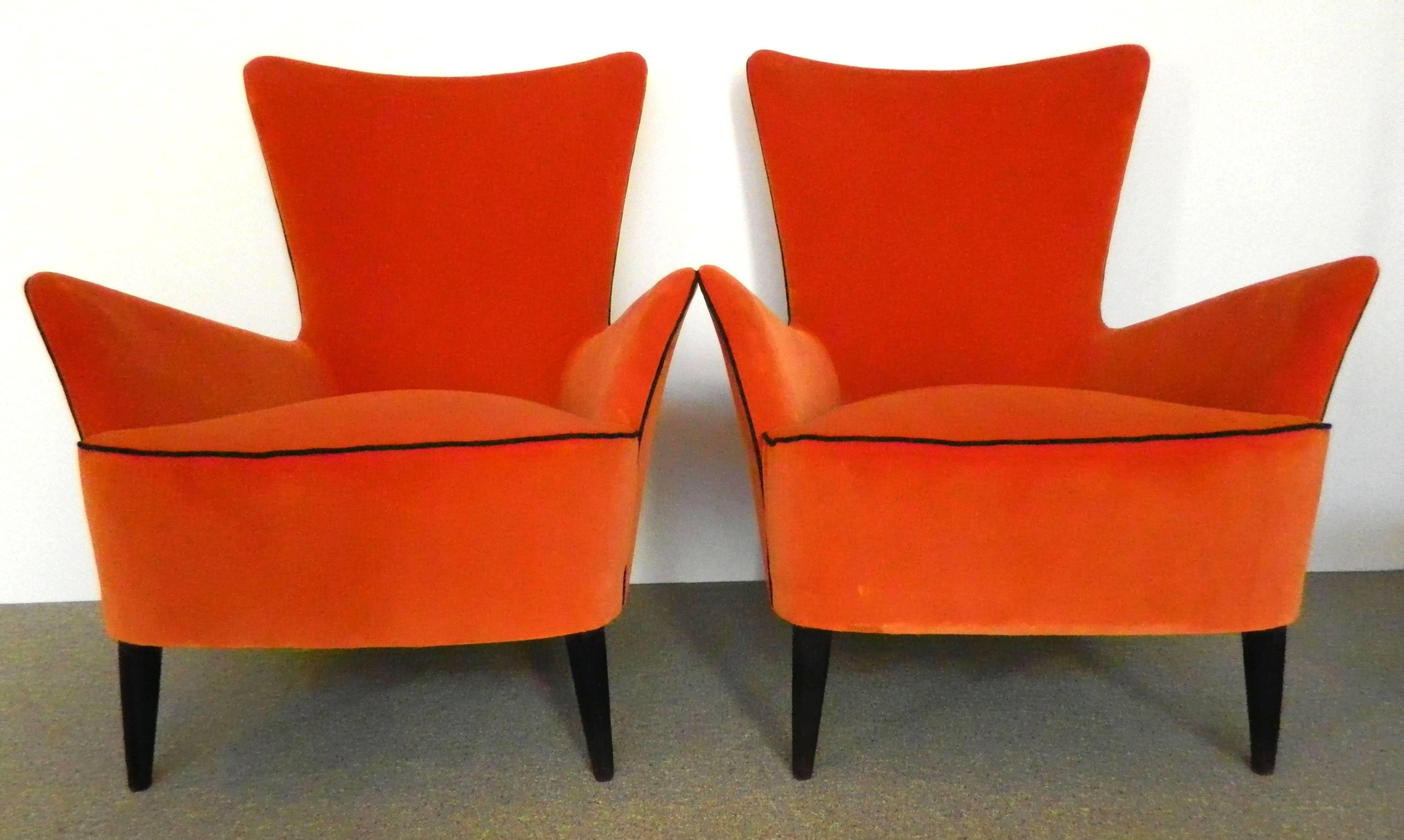 Pair of Mid-Century Italian armchairs with wood legs. Newly upholstered. They are great looking and comfortable.