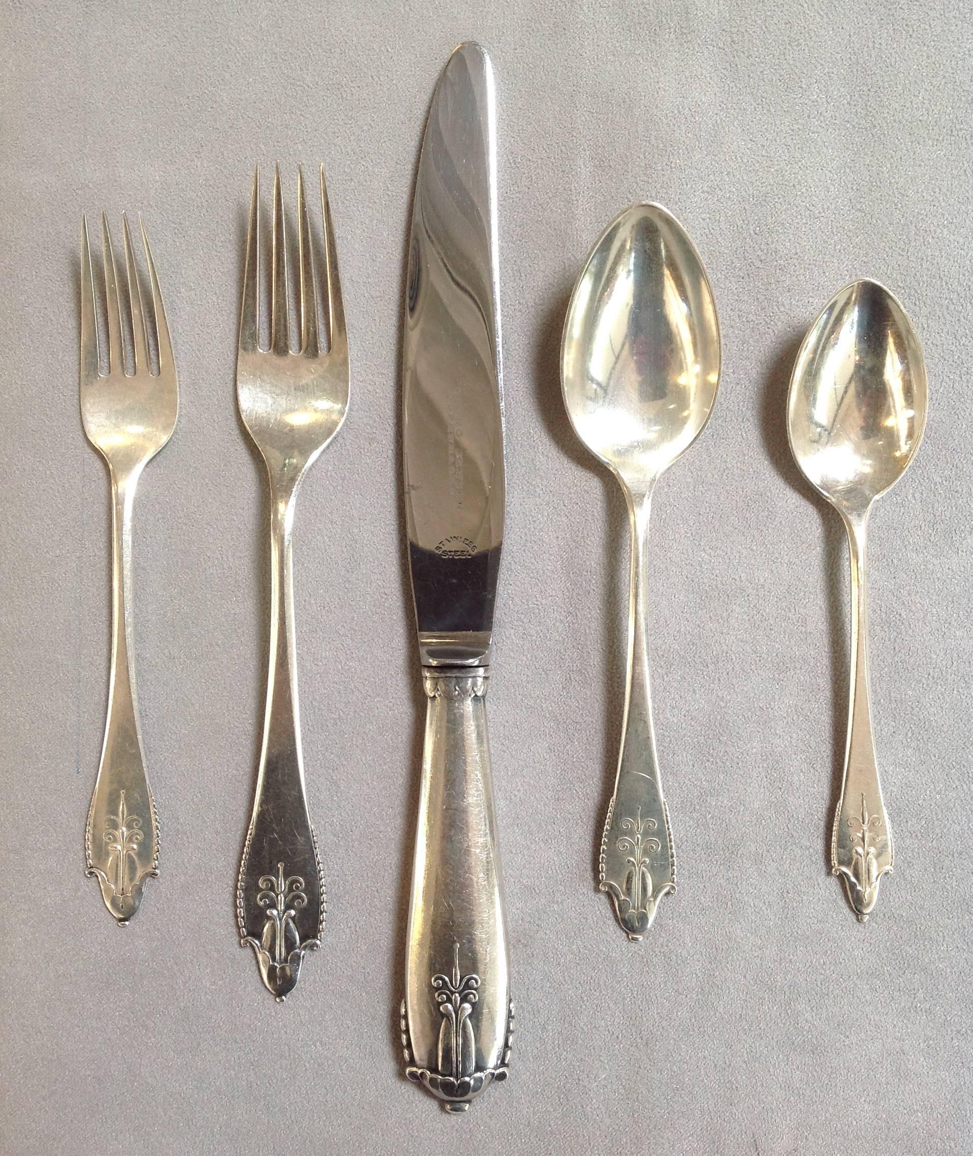 Art Nouveau Georg Jensen Akkeleje Sterling Flatware Circa 1918 For Sale