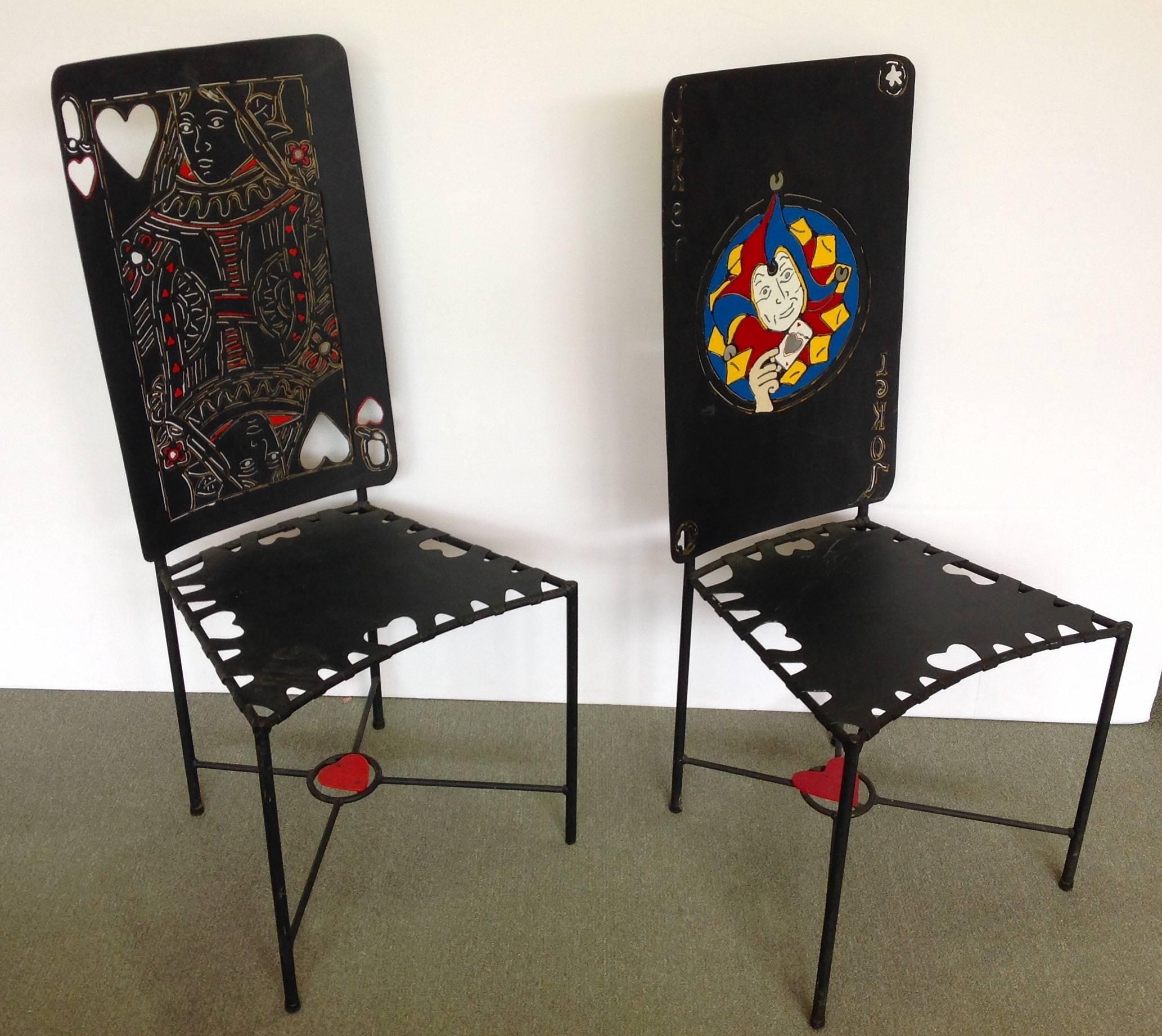 American Painted Iron Playing Card Chairs Joker and Queen of Hearts For Sale