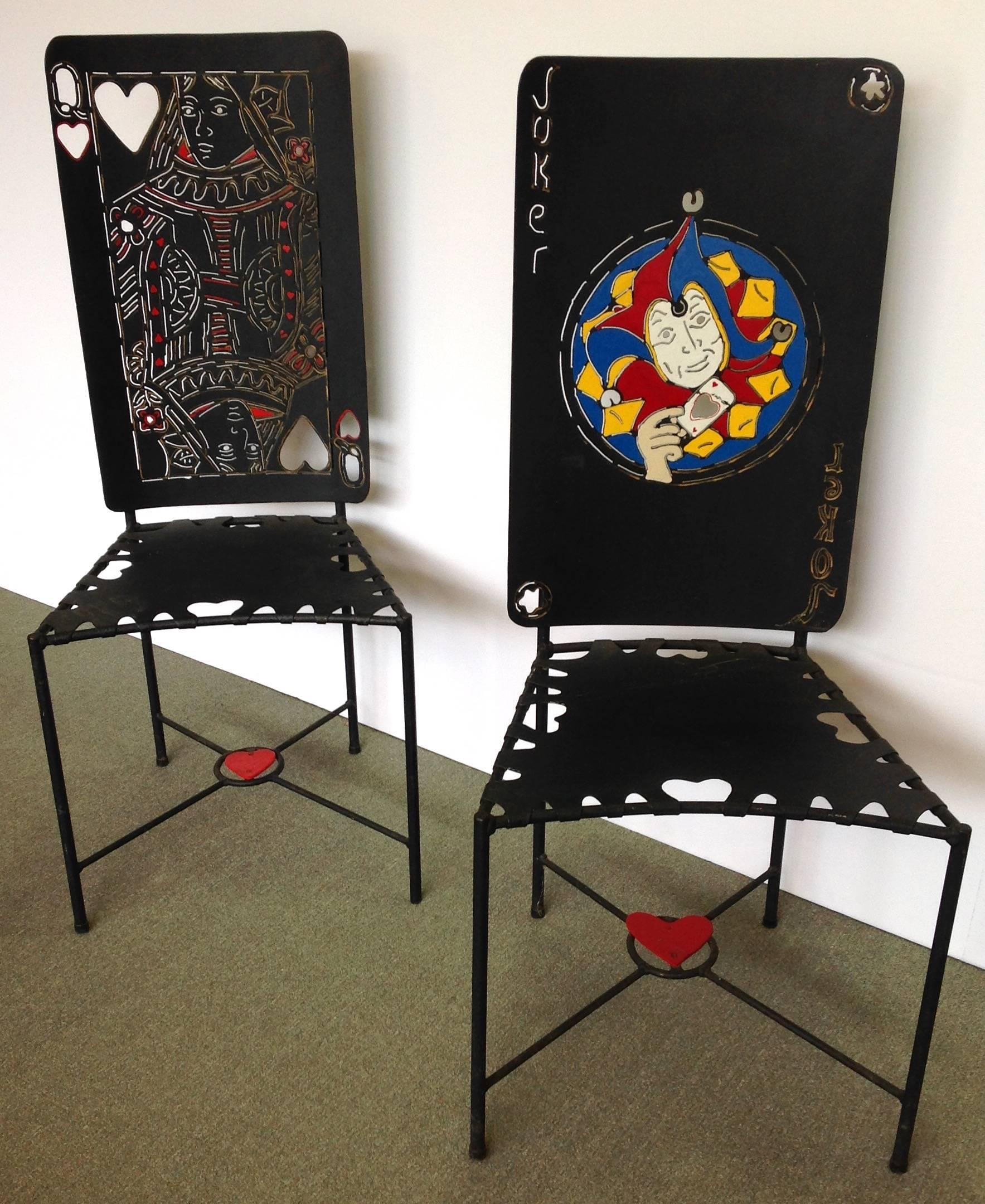 Painted Iron Playing Card Chairs Joker and Queen of Hearts In Excellent Condition For Sale In Houston, TX