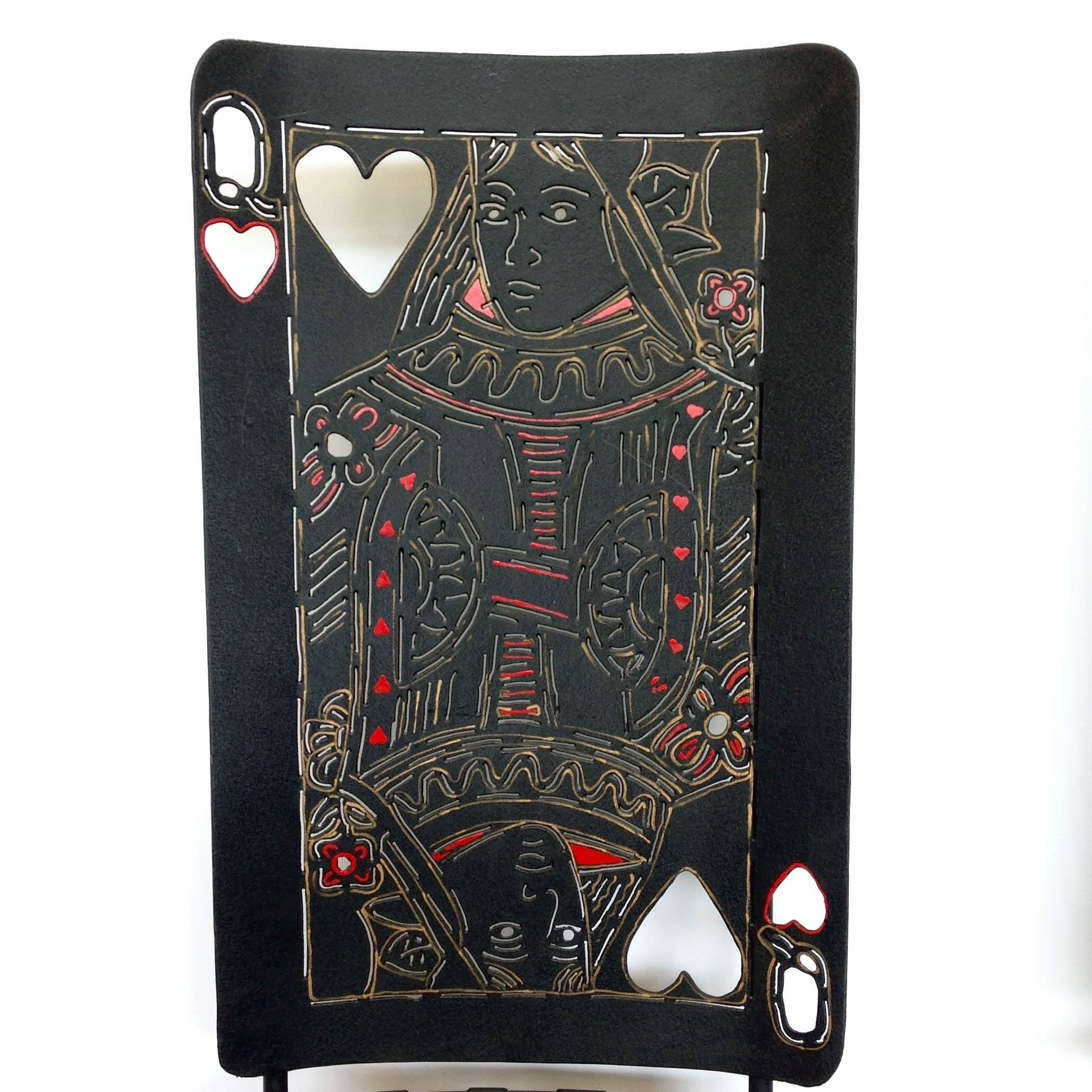 Late 20th Century Painted Iron Playing Card Chairs Joker and Queen of Hearts For Sale