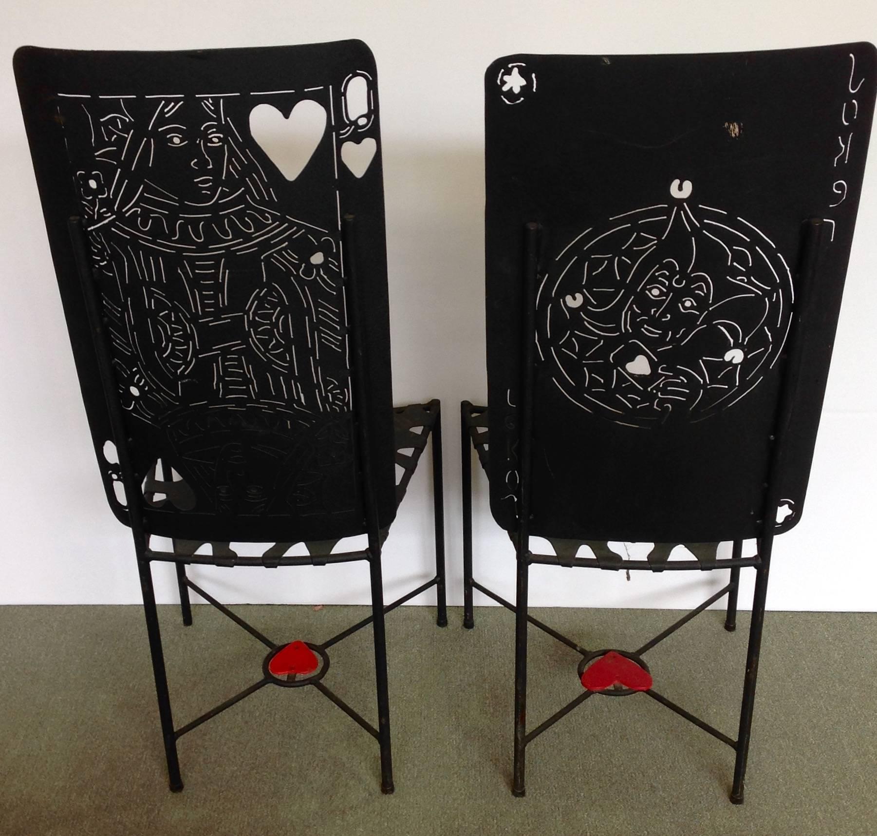 Painted Iron Playing Card Chairs Joker and Queen of Hearts For Sale 2