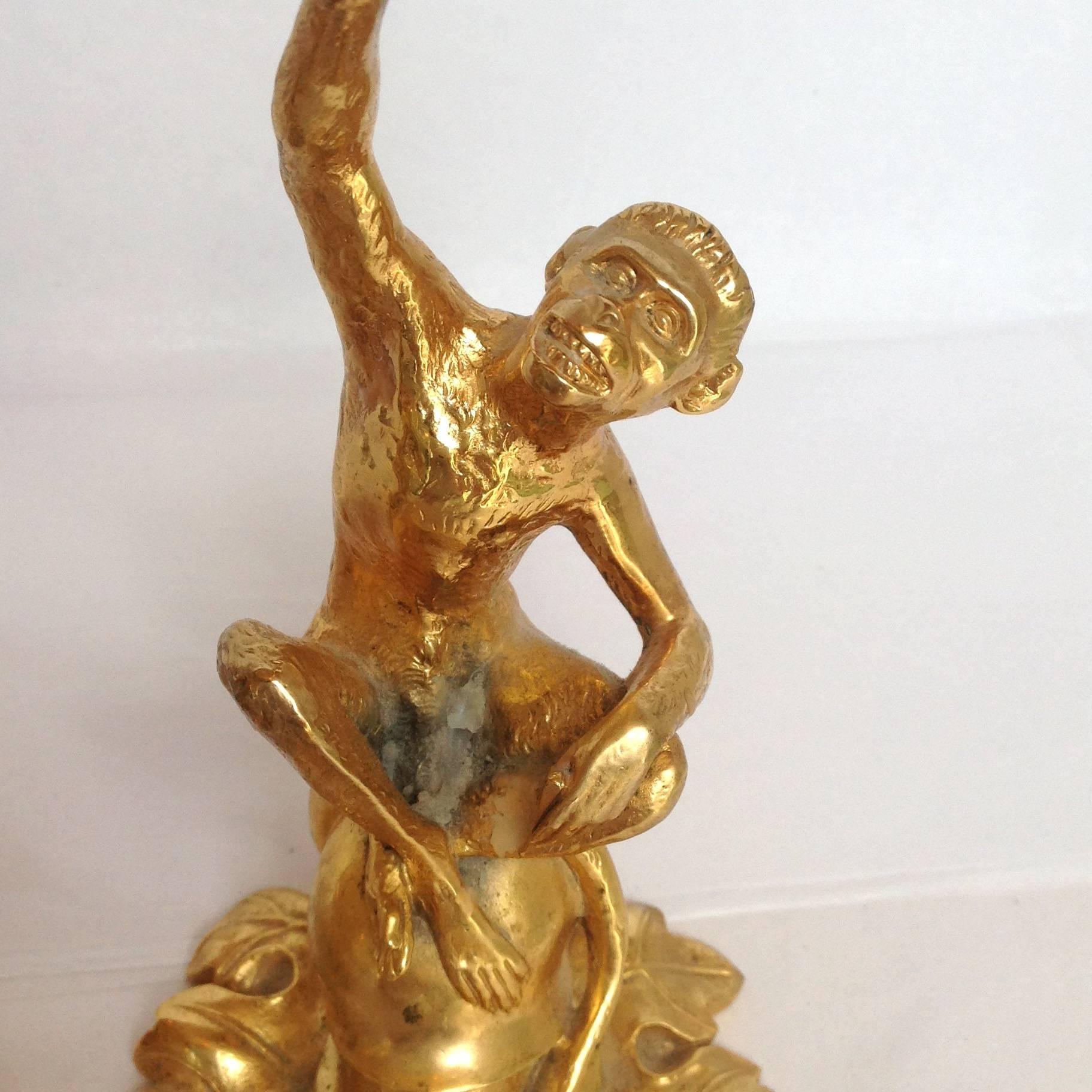 Monkey Riding Snail Candlesticks Gilt Bronze In Excellent Condition For Sale In Houston, TX