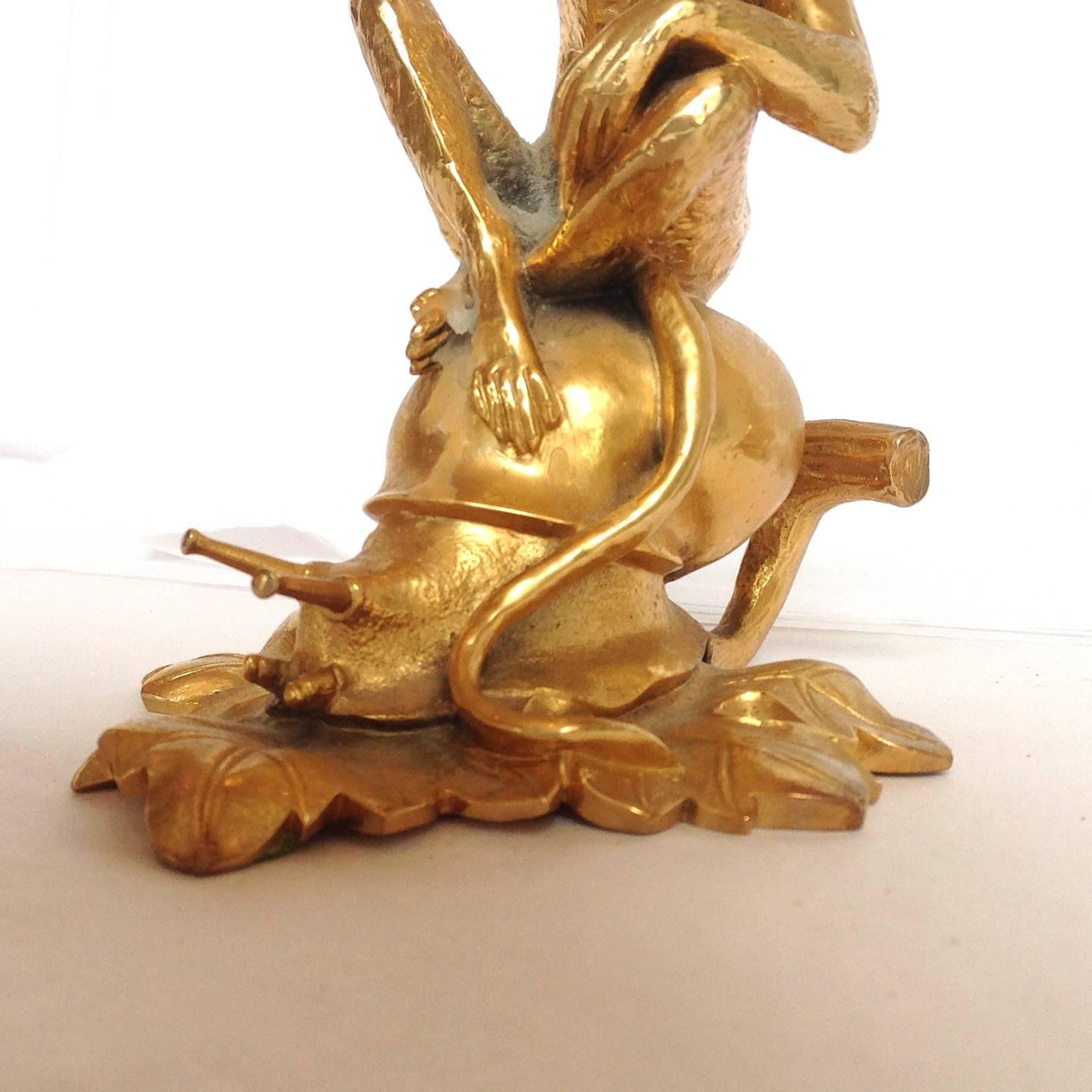 19th Century Monkey Riding Snail Candlesticks Gilt Bronze For Sale