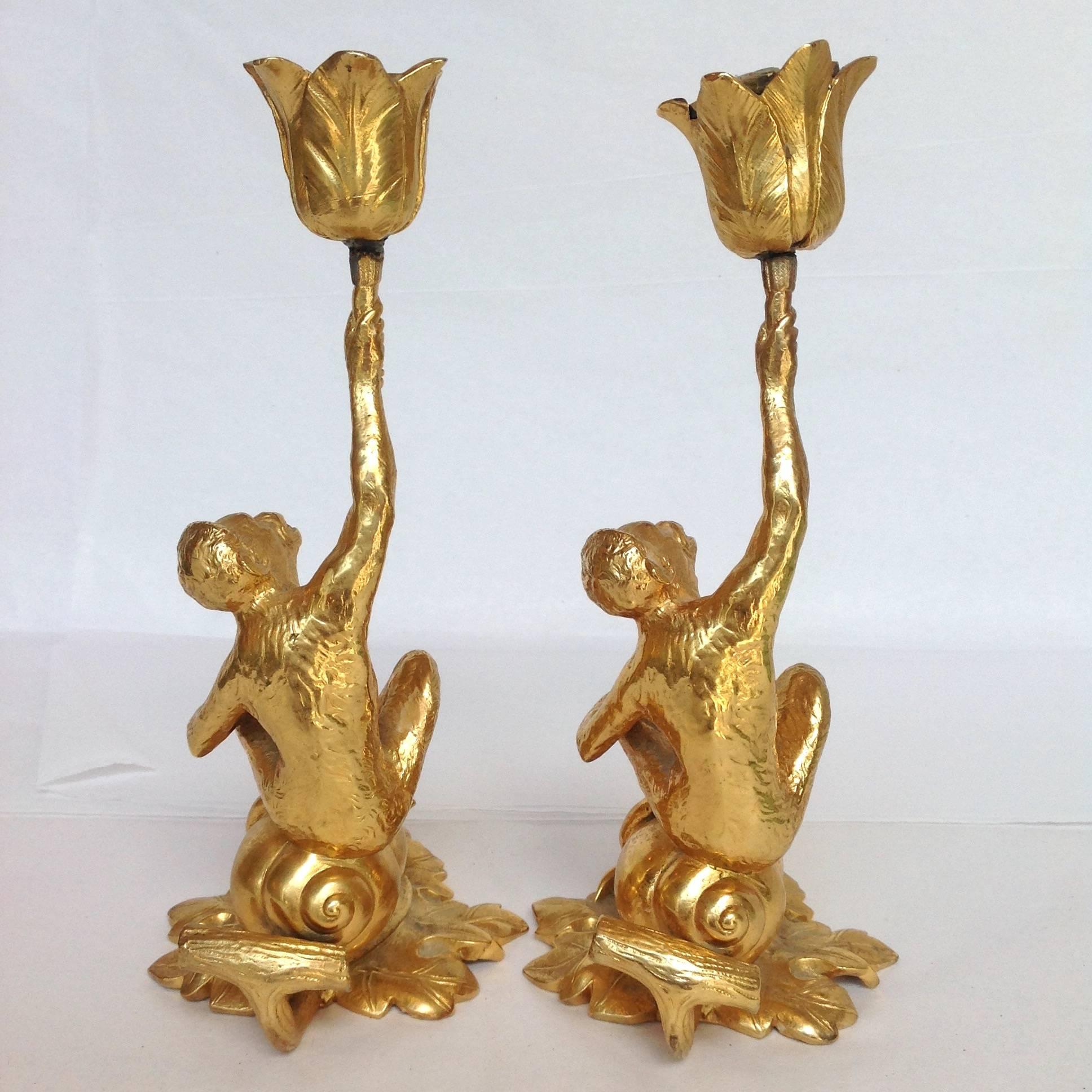 Monkey Riding Snail Candlesticks Gilt Bronze For Sale 1