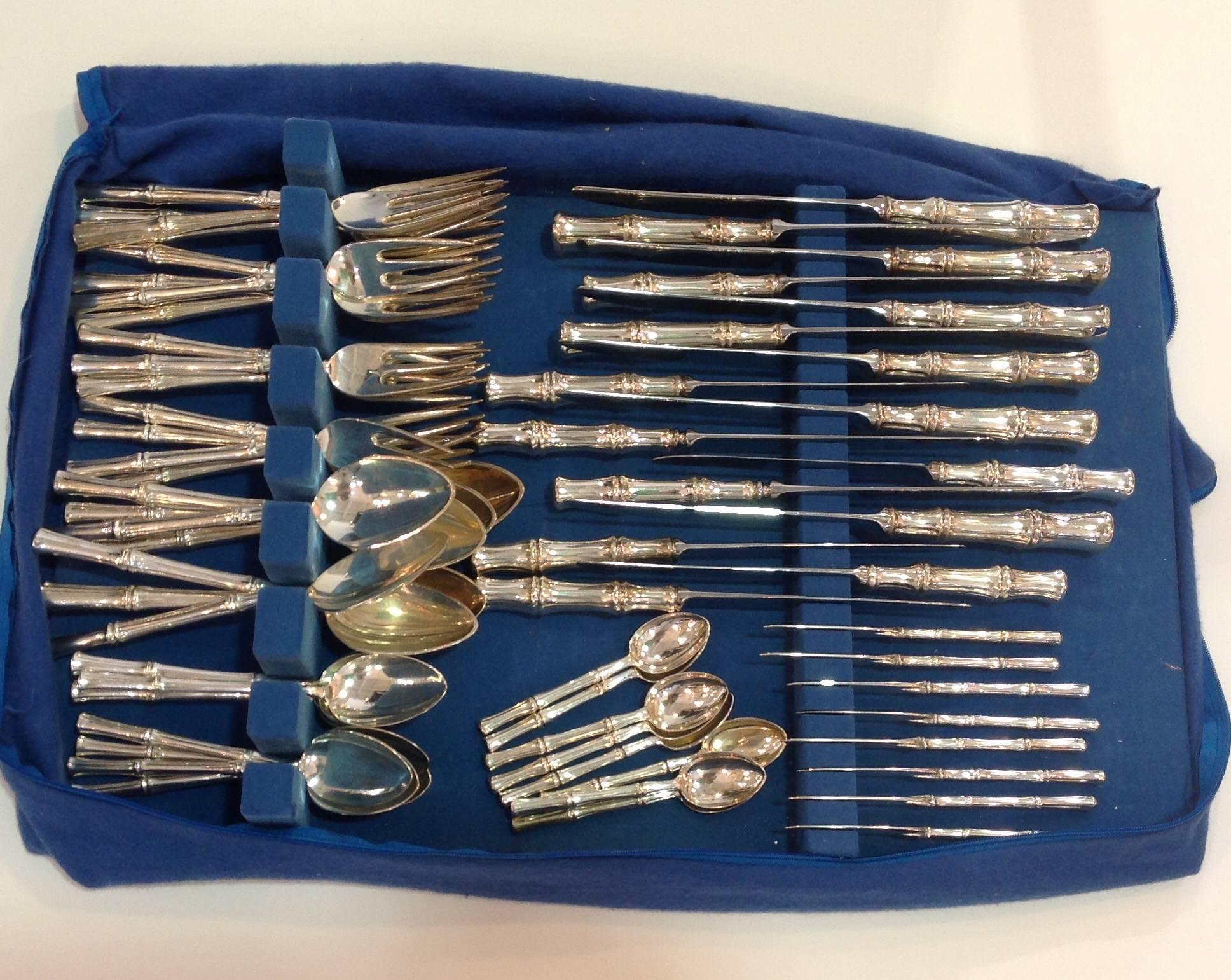 Bamboo by Tiffany & Co set designed by Van Day Truex, the head of Parsons School of Design and later design director of Tiffany's. This is a service for eight with eight piece place settings including: teaspoons, tablespoons and demitasse spoons,