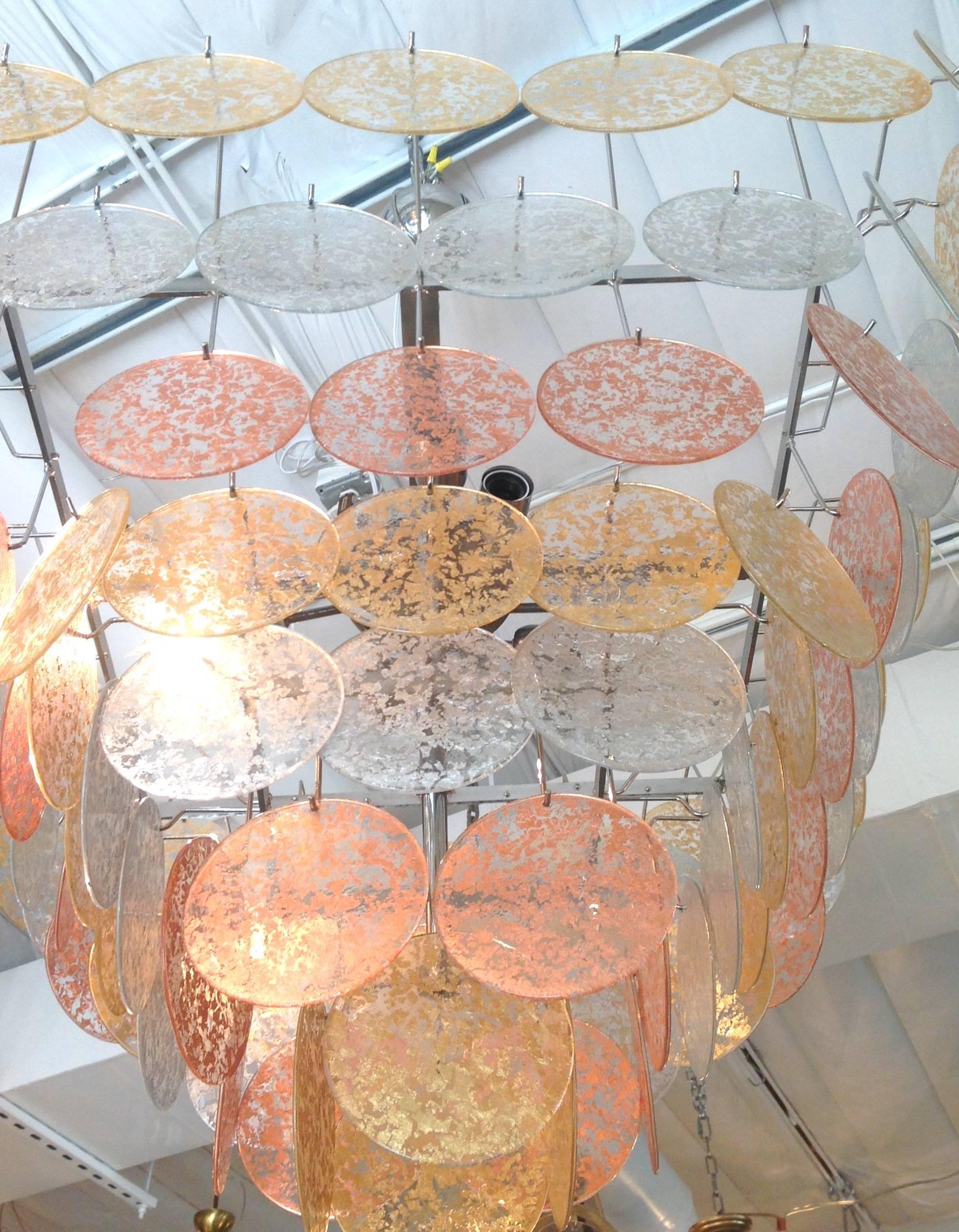Italian Square Gold, Silver and Copper Disc Large Chandelier For Sale