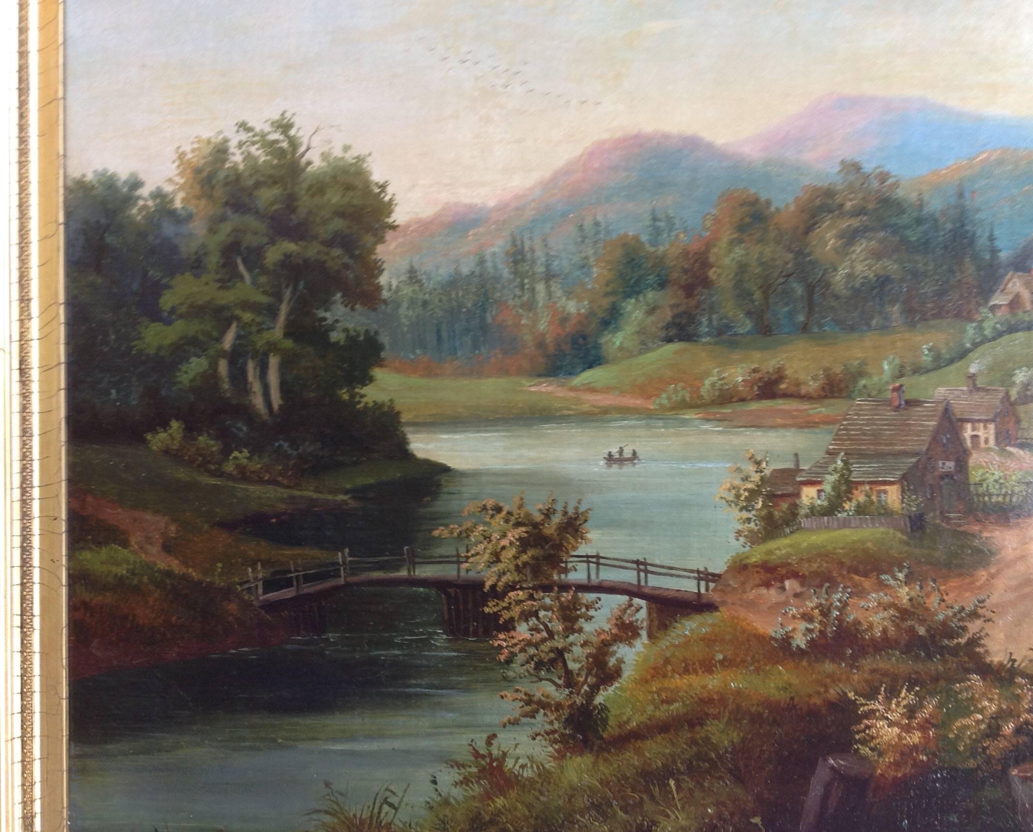 Large American naive townscape of the Hudson River Valley in a period six inch gilt frame.  Oil on canvas. Circa 1830-1840. 