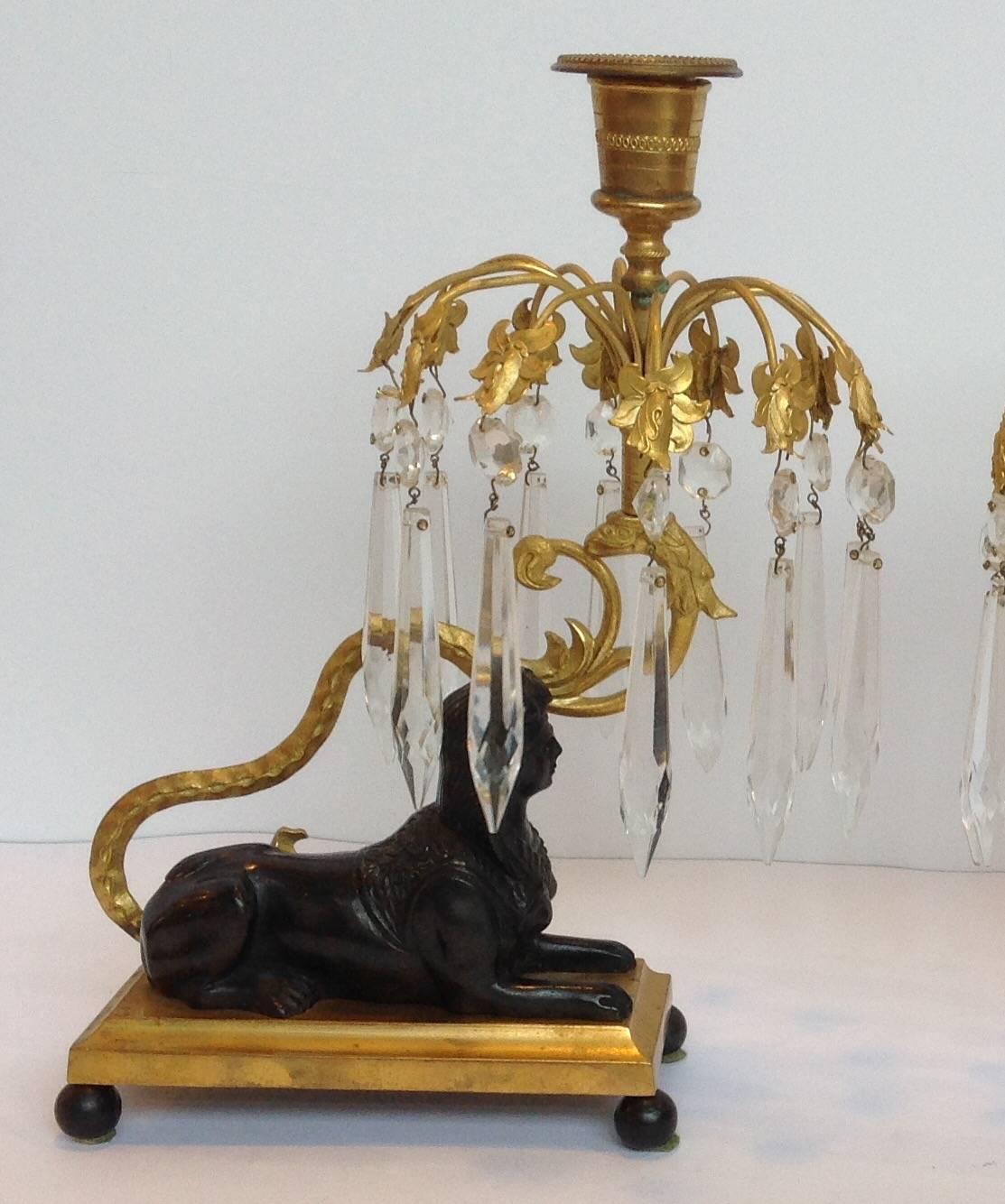 19th Century Regency Period Sphinx Gilt Bronze Candlesticks For Sale