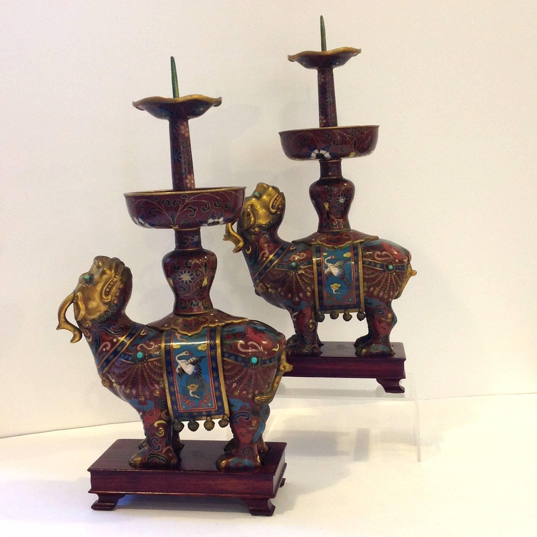 Two Cloisonné Animal Candlesticks In Excellent Condition For Sale In Houston, TX