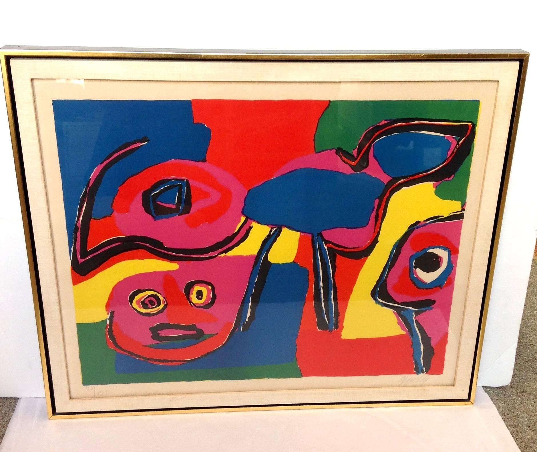 Dutch artist Karel Appel color lithograph on paper, 110/120, pencil signed and titled in the lower margins. It is in a wood frame with linen mat.