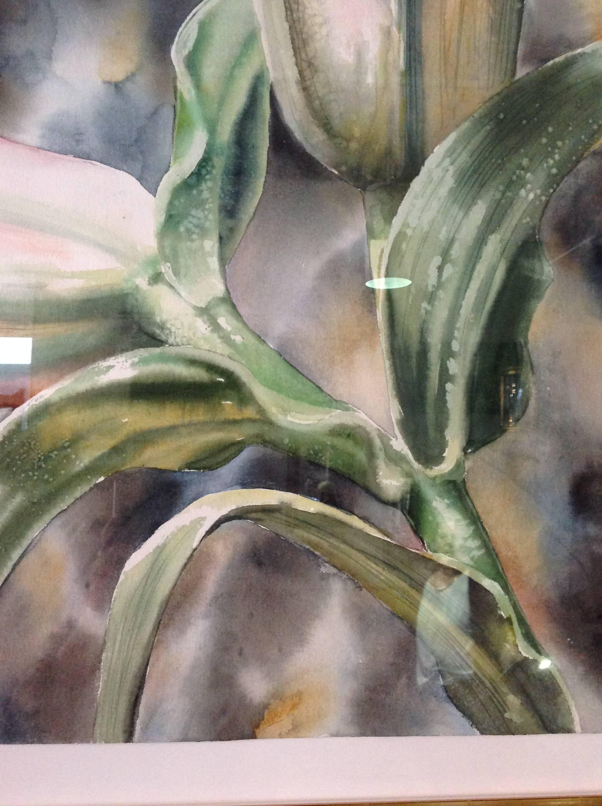 Large watercolor on paper by Houston artist Anstis Lundy (1924-2009) depicting a large lily. Signed lower right and dated 1984. It is museum mounted under plexiglas.