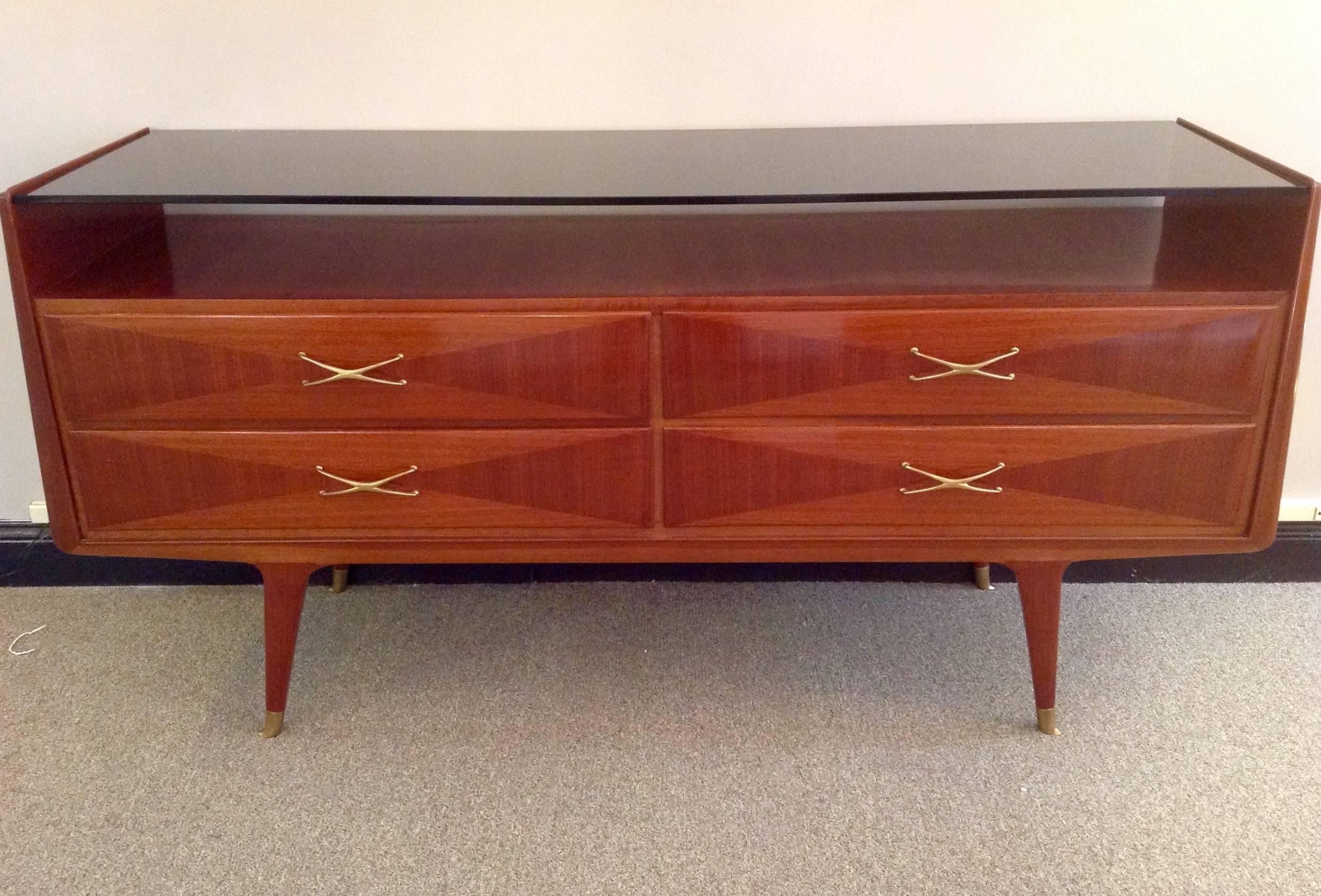 Italian Console Mid-Century Mahogany and Black Glass In Excellent Condition In Houston, TX