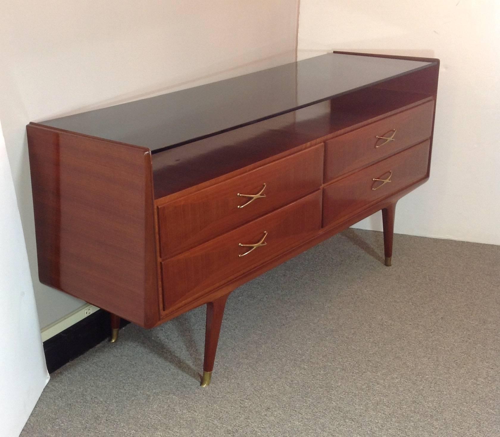 Mid-Century Modern Italian Console Mid-Century Mahogany and Black Glass