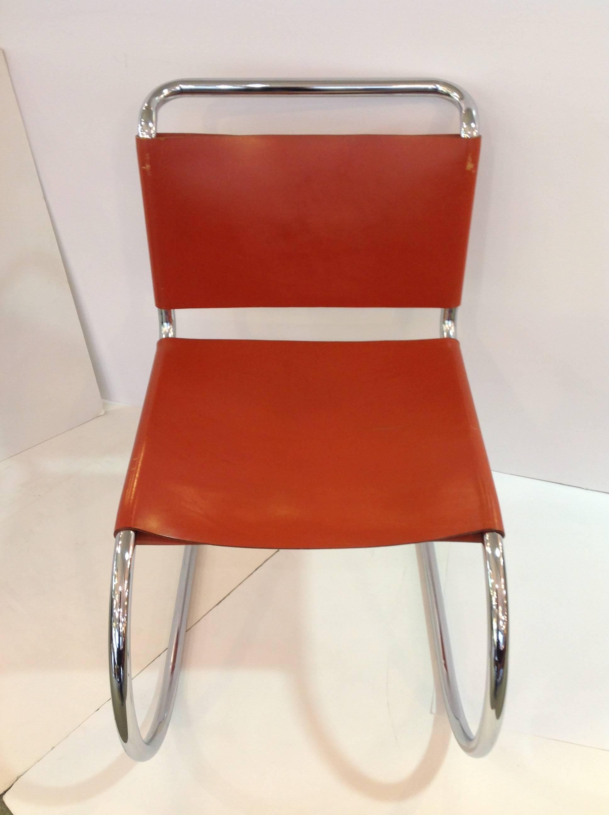 Set Eight Mies van der Rohe MR Chairs Orange Leather and Chrome Bauhaus In Excellent Condition For Sale In Houston, TX