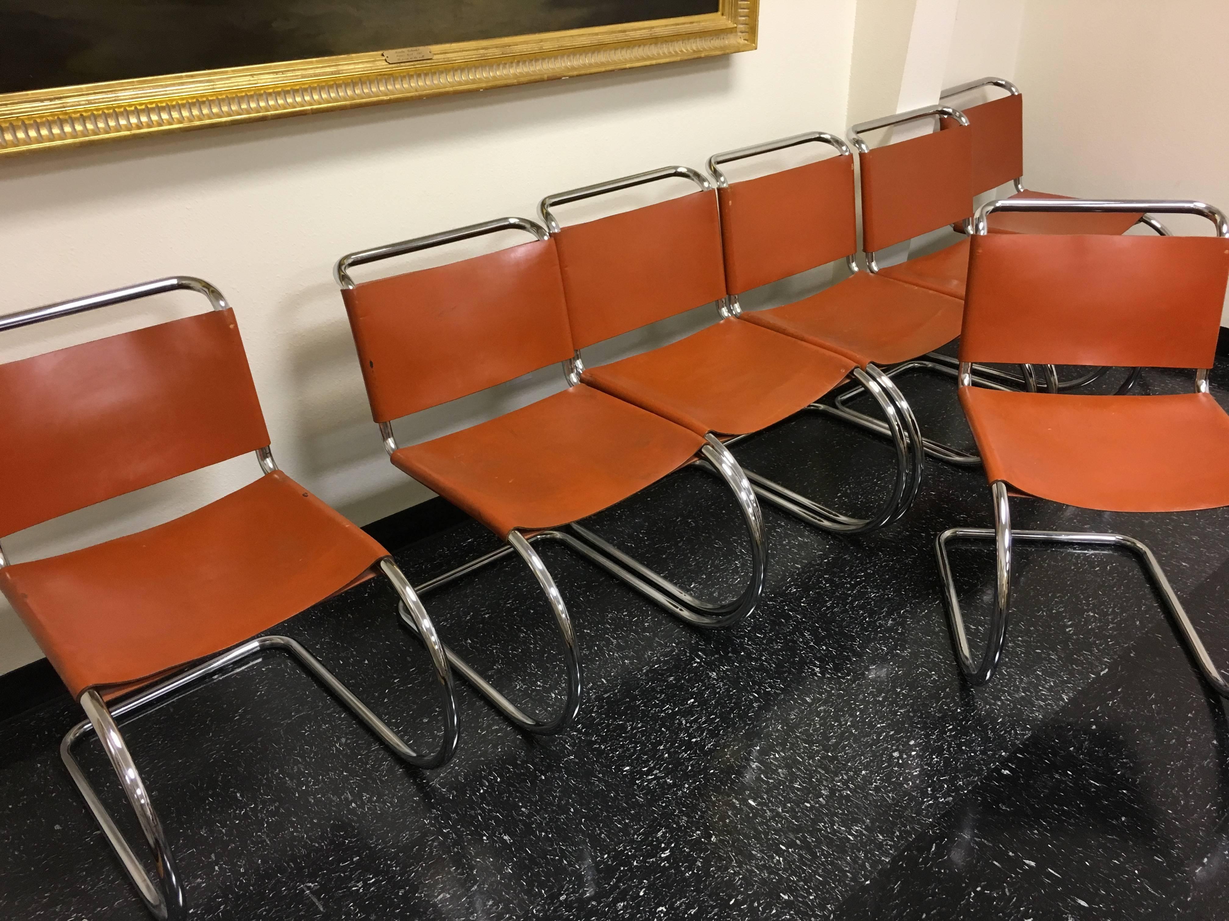 Set Eight Mies van der Rohe MR Chairs Orange Leather and Chrome Bauhaus For Sale 3