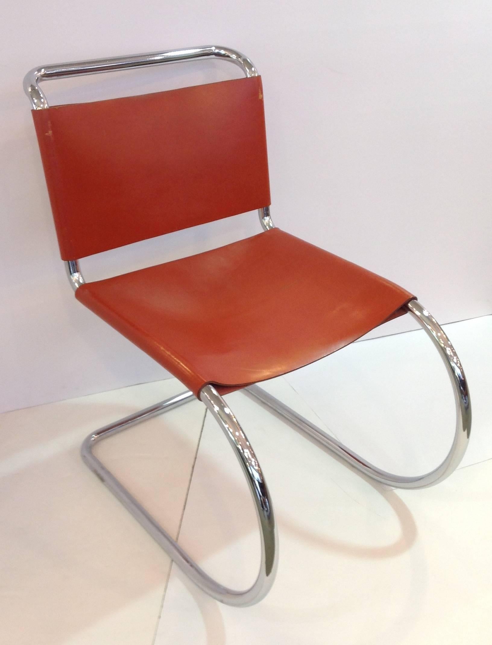Italian Set Eight Mies van der Rohe MR Chairs Orange Leather and Chrome Bauhaus For Sale