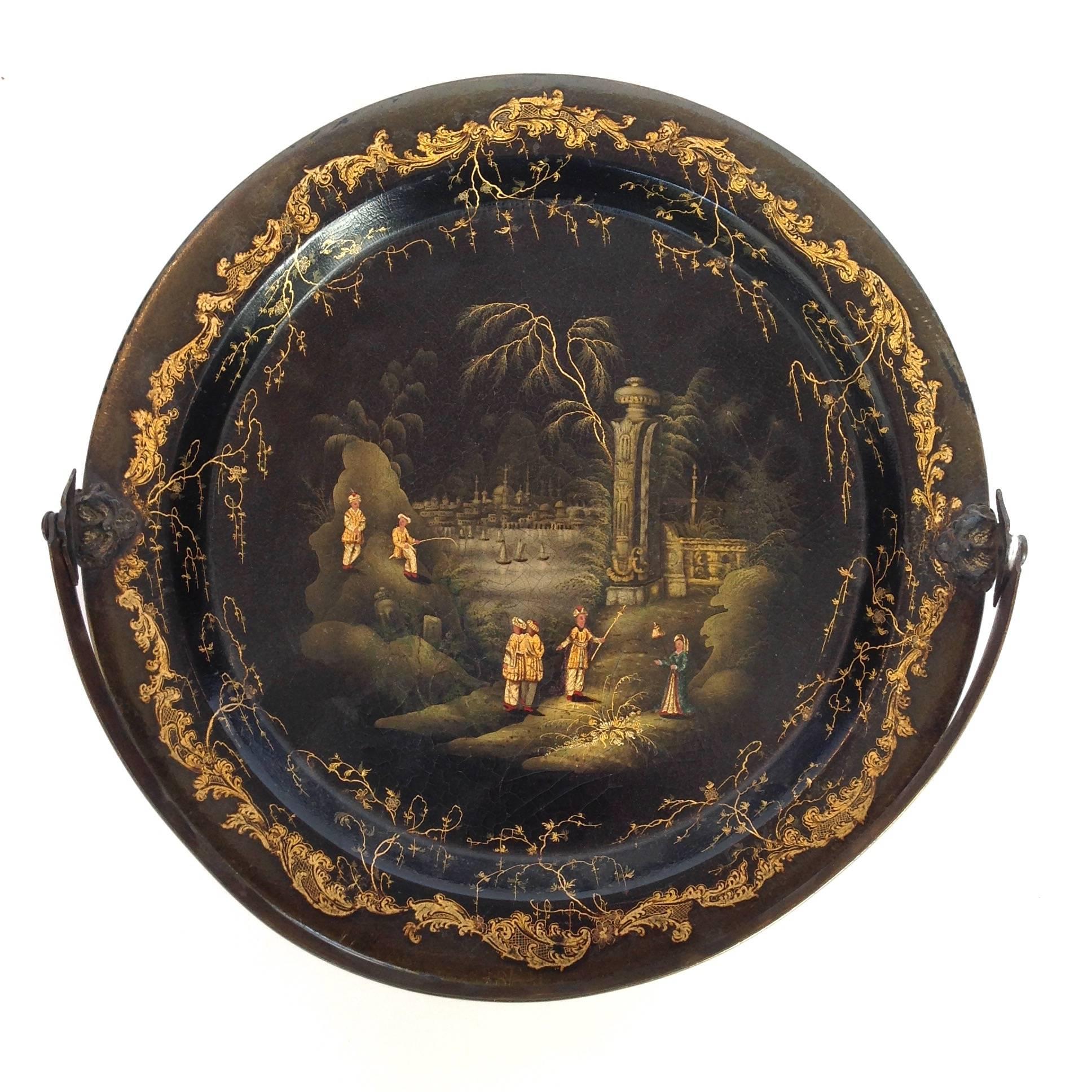 Chinoiserie Papier-mâché Tray by Henry Clay Metal Handle Early 19th Century For Sale