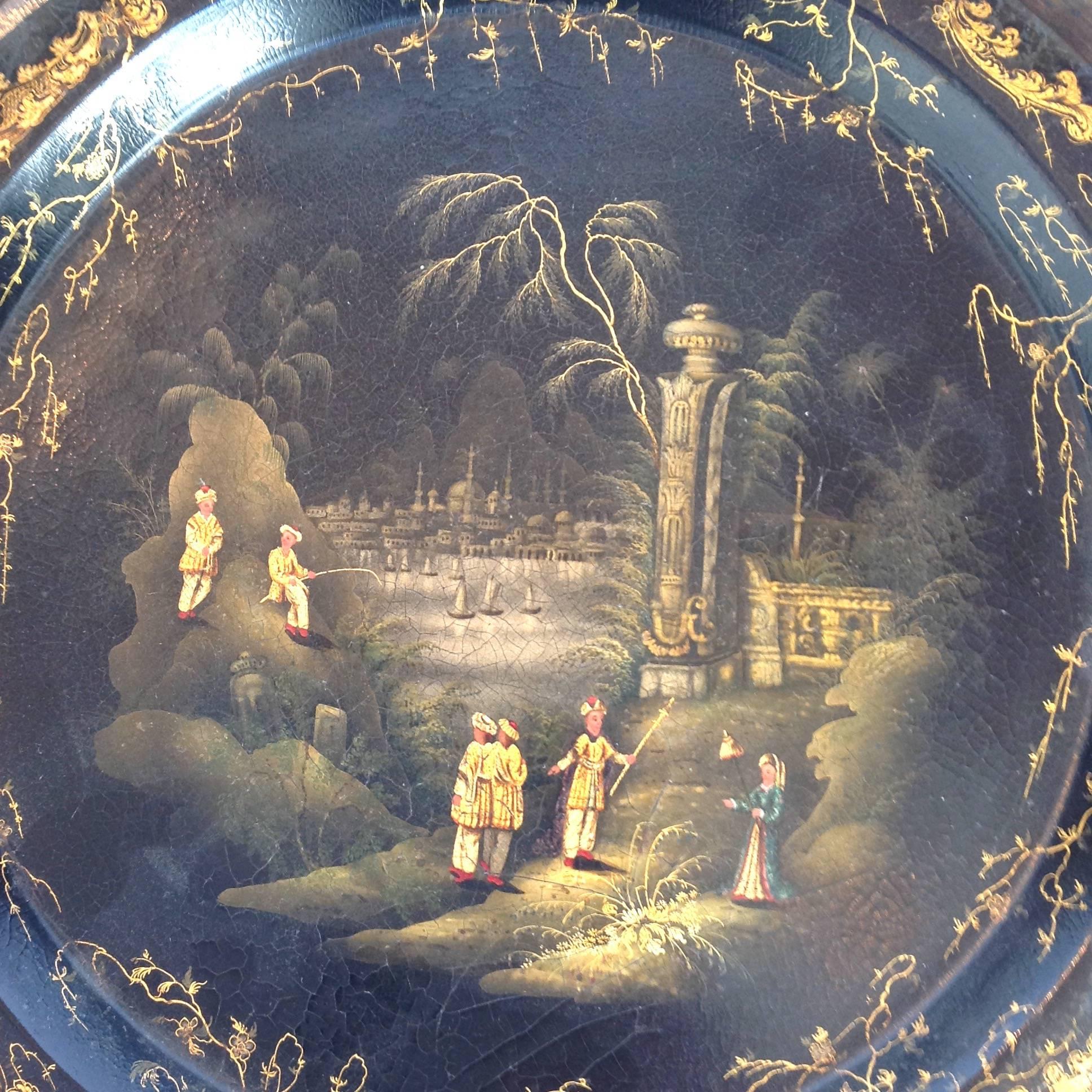 French Chinoiserie Papier-mâché Tray by Henry Clay Metal Handle Early 19th Century For Sale