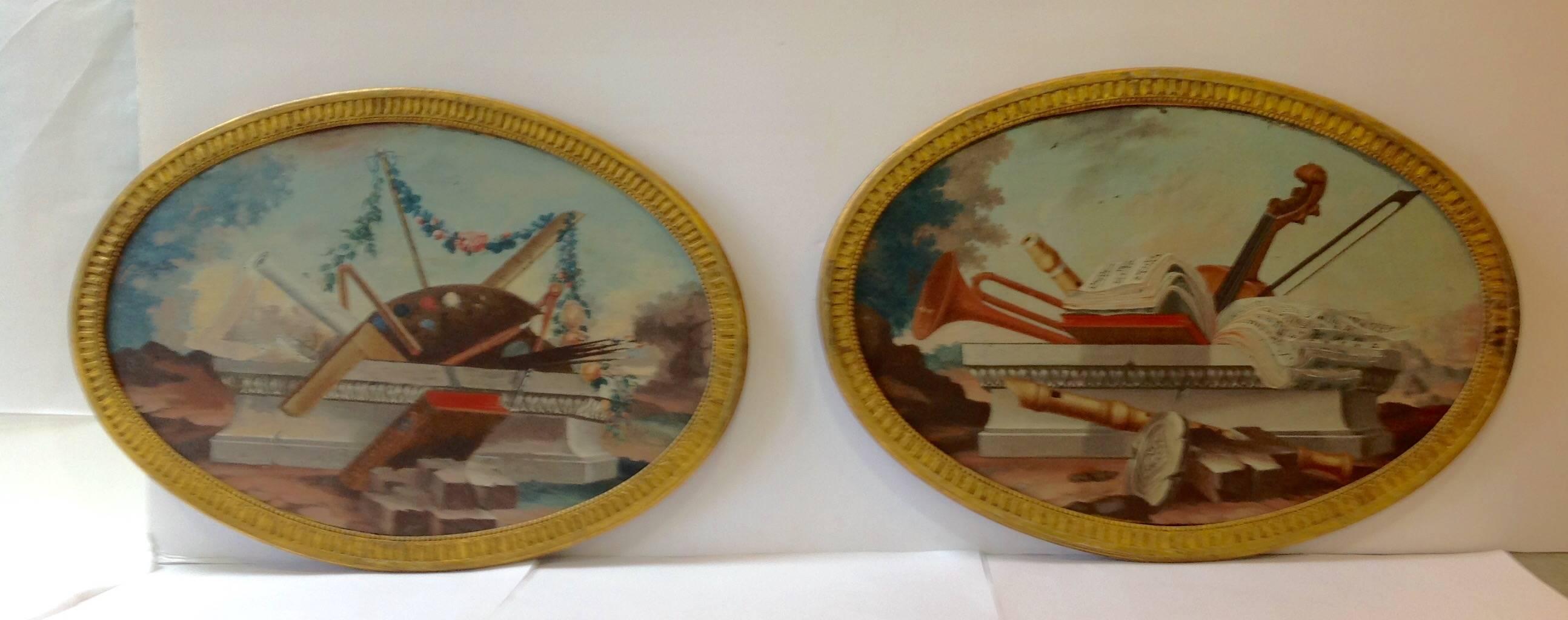 Pair of French Oval Oil Paintings Art and Music, 19th Century 5