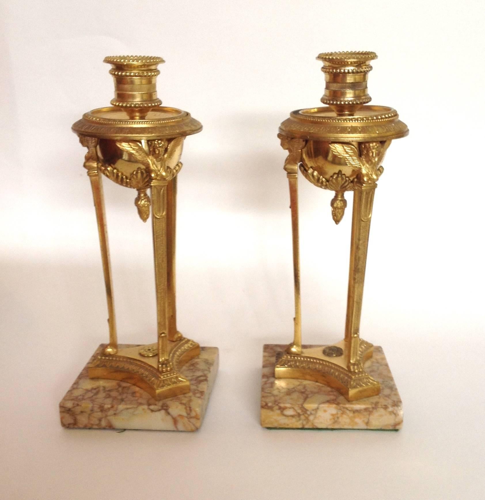 French Empire Period Gilt Bronze Sienna Marble Atheniennes or Candlesticks For Sale