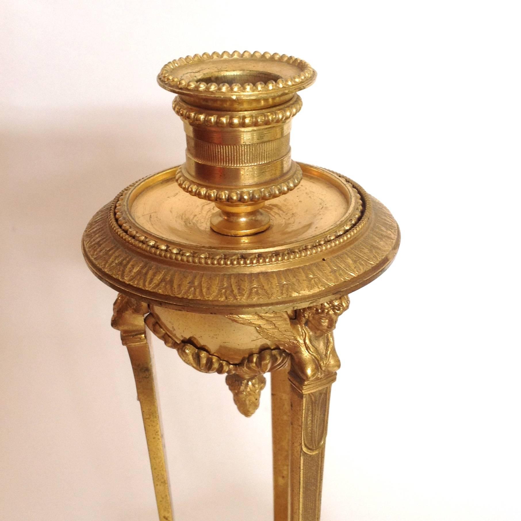 19th Century Empire Period Gilt Bronze Sienna Marble Atheniennes or Candlesticks For Sale