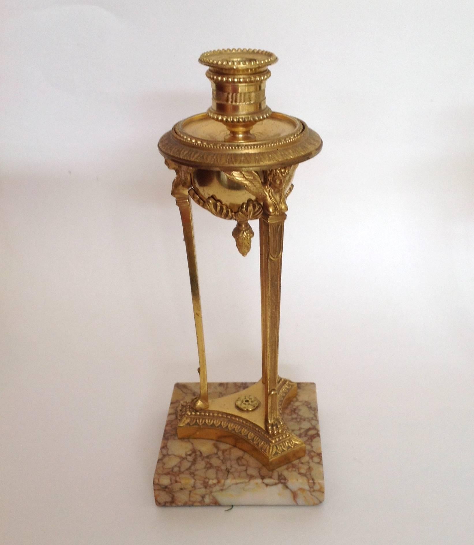 Empire Period Gilt Bronze Sienna Marble Atheniennes or Candlesticks In Excellent Condition For Sale In Houston, TX