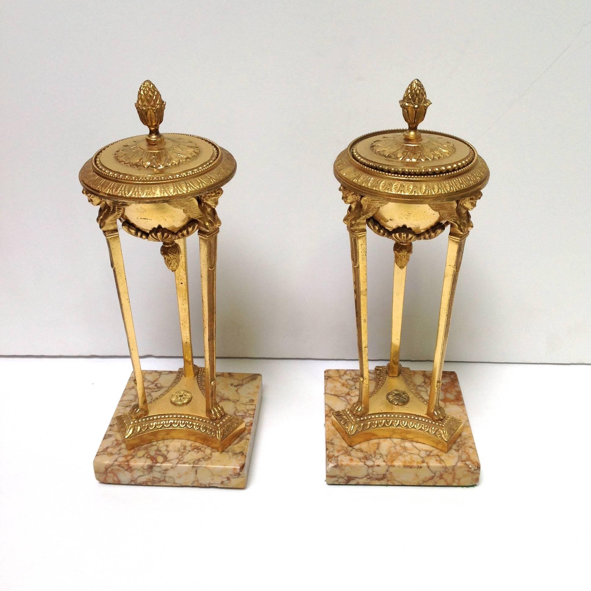 Empire Period Gilt Bronze Sienna Marble Atheniennes or Candlesticks For Sale 3