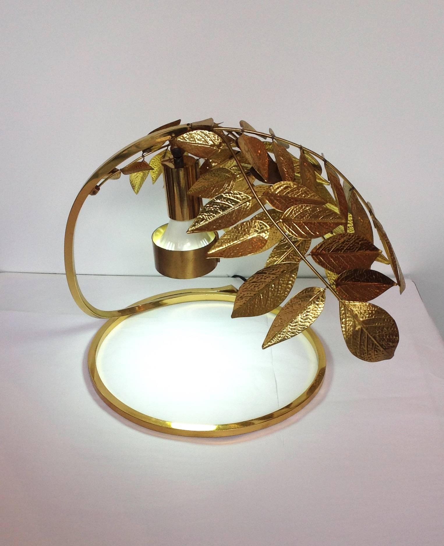 Italian Tomasso Barbi Hammered Brass Leaves Lamp For Sale