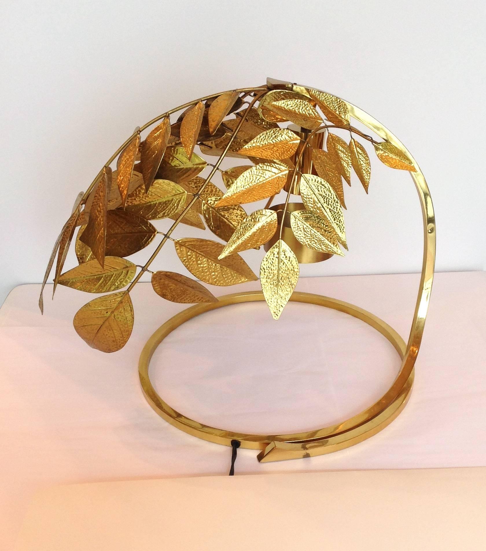 20th Century Tomasso Barbi Hammered Brass Leaves Lamp For Sale